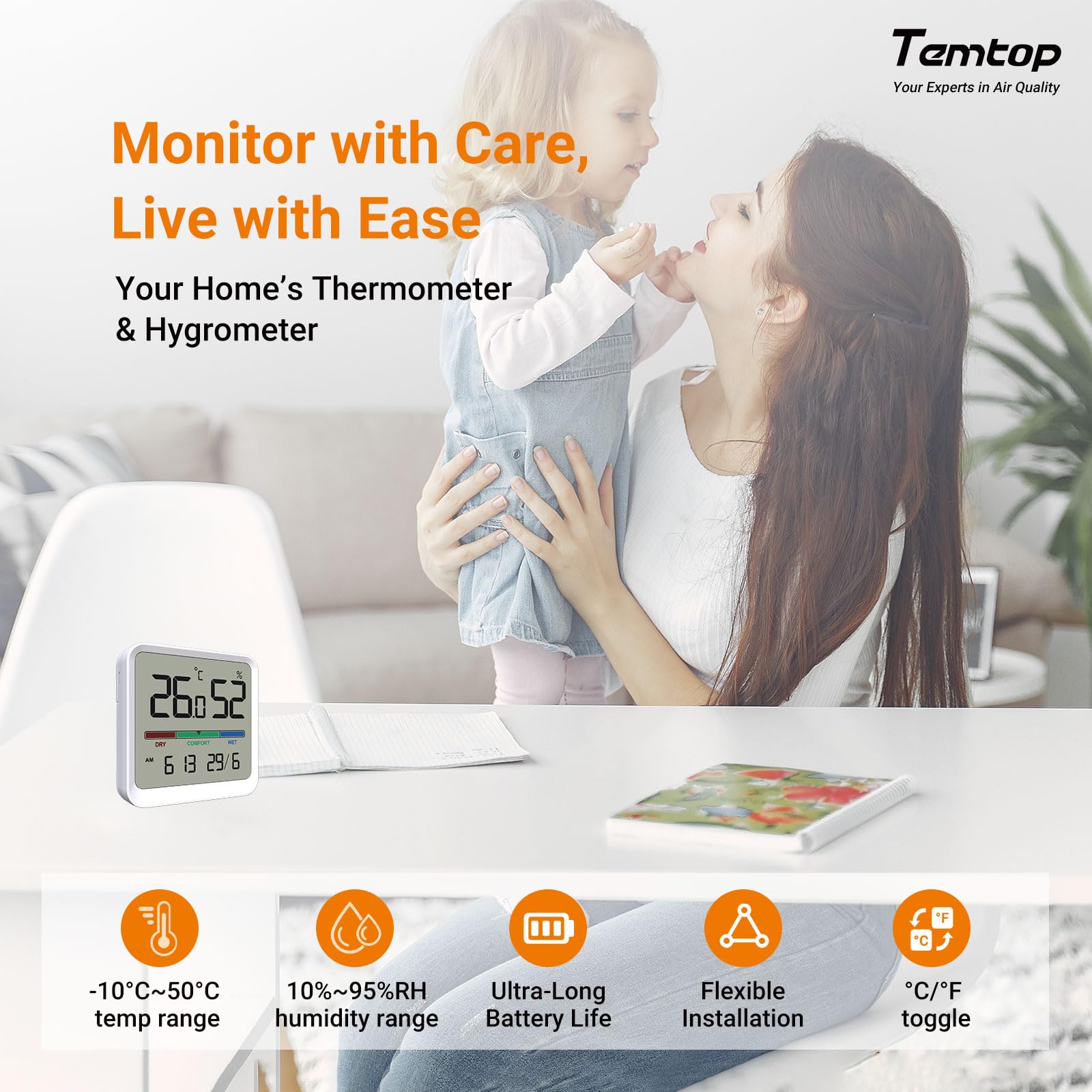 Temtop Thermomètre Hygromètre d'Intérieur Numérique T1-SE - Moniteur Température Humidité avec Affichage Heure Date Haute Précision