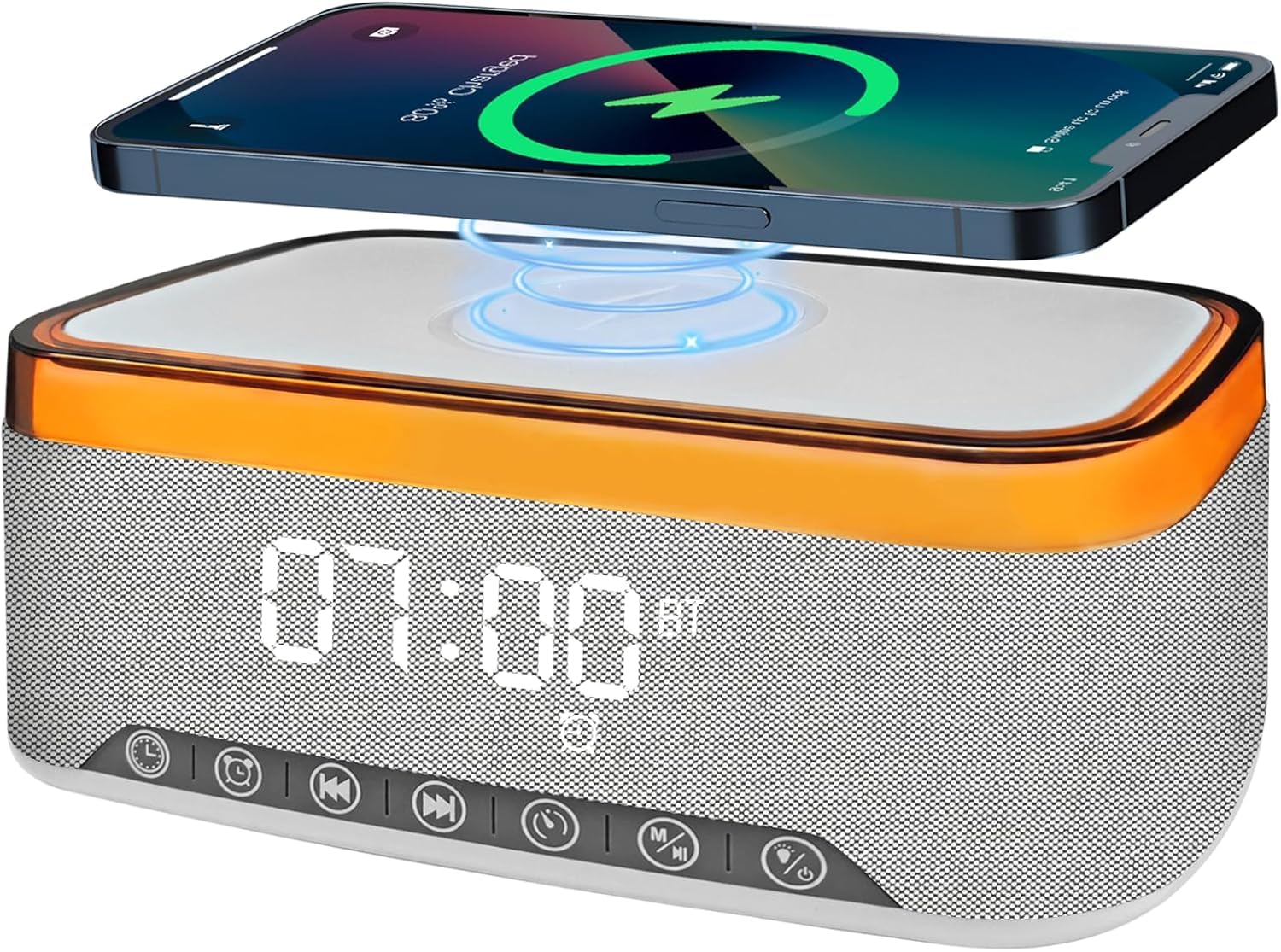 Drumstone (10 Years Assured Warranty Bluetooth Speaker Alarm Clock with Digital Display, 15W Wireless Charger, FM Radio, 12 Color Ambient Night Light & Non Ticking Bedside Clock for Home Use-image-2
