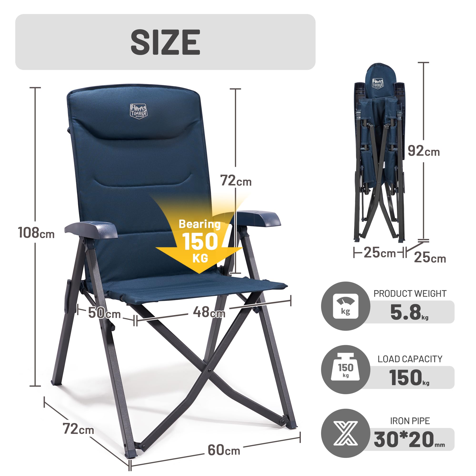 TIMBER RIDGE 2 sillas de camping plegables con respaldo alto, tamaño pequeño, 150 kg, con 4 posiciones ajustables, con bolsa, para jardín, balcón, caravana, azul