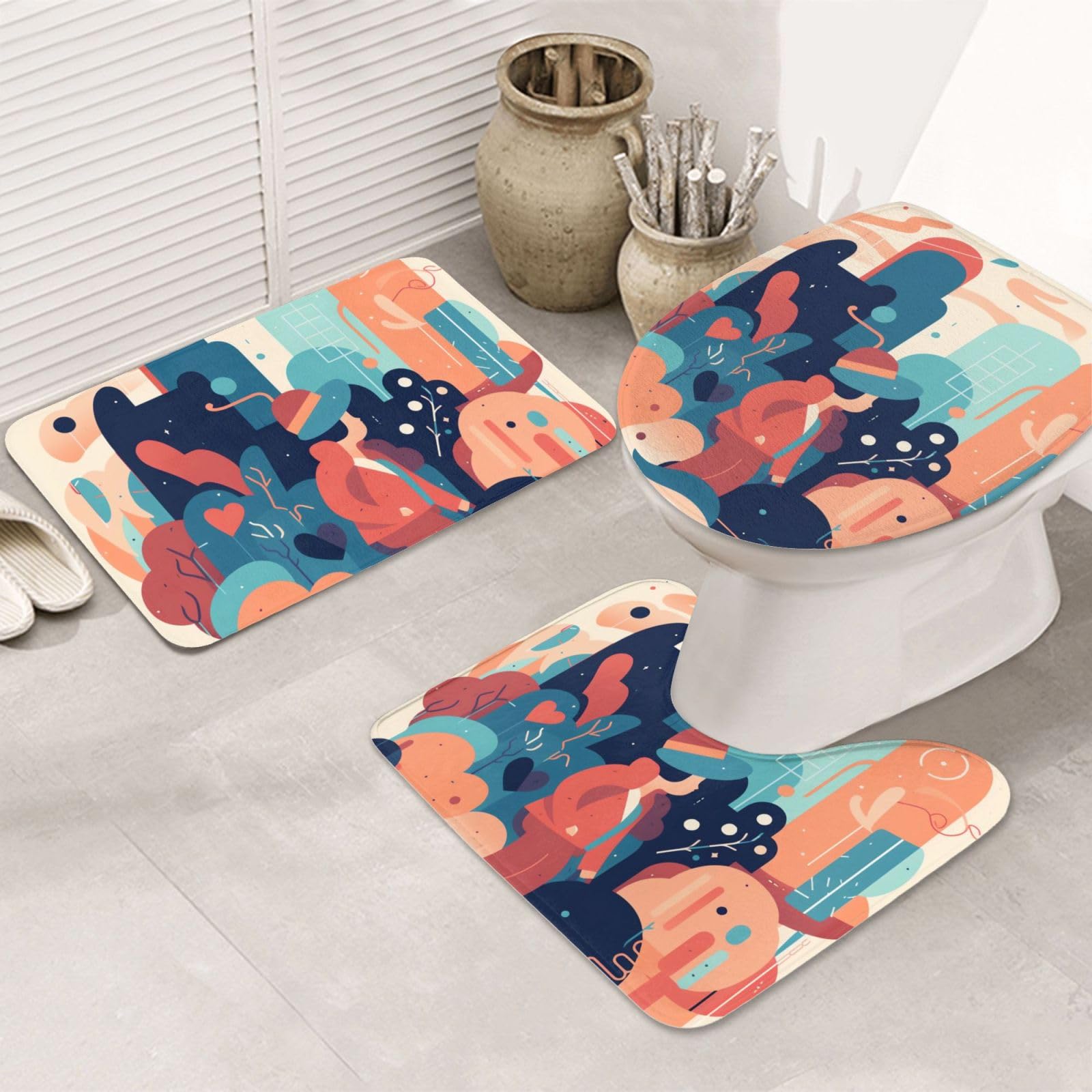 Lot de 3 tapis de salle de bain doux avec contour de U et couverture abattant de toilettes