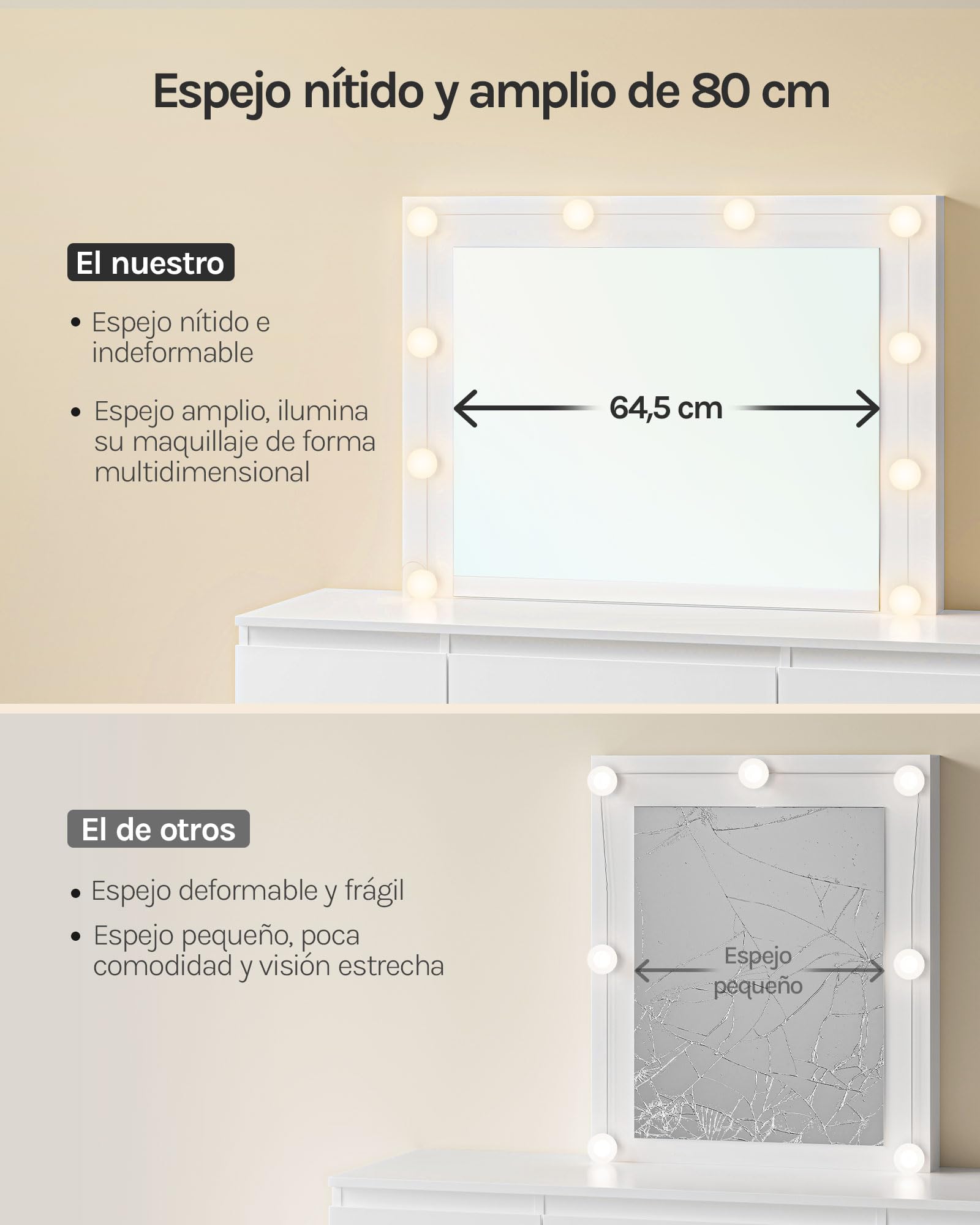 WOLTU Vanity de Maquillaje, Tocador de Maquillaje con Taburete, Tocador con Espejo y Luz LED, Luz Ajustable, con 7 Cajones, para Dormitorio, Sala de Belleza y Vestidor, 107x39,5x140,5 cm, Blanco