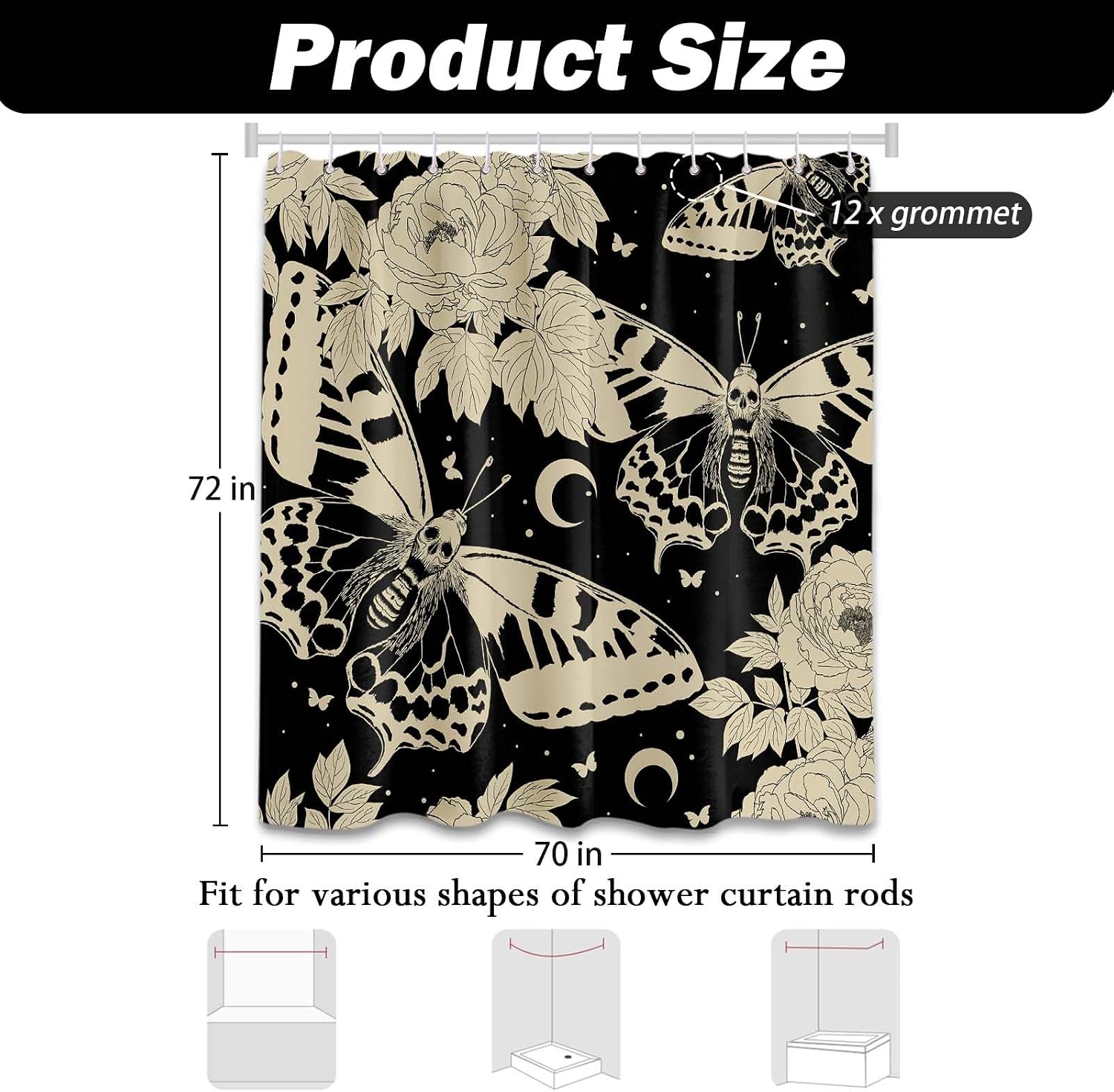 Gothic Butterfly Shower Curtain Black and Beige Floral Pattern with Moths Shower Curtains for Bathroom Decor, Waterproof Cloth Fabric with Hooks 70 x 72 Inches