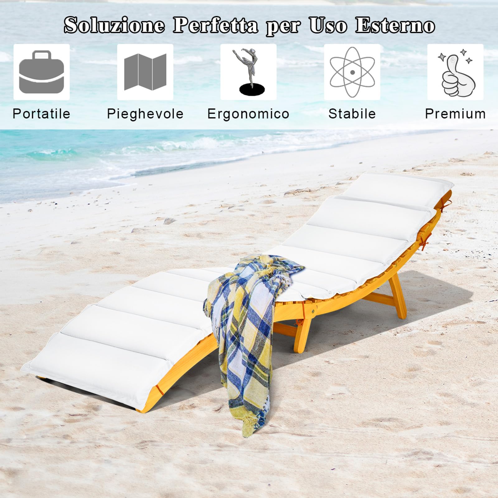 COSTWAY Lettino Prendisole Pieghevole per Giardino, Sedia a Sdraio Pieghevole da Esterno in Legno, Lettino da Esterno con Cuscino per Giardino, Prato, Cortile, Portata 180 kg, 190 x 55 x 52 cm (1)