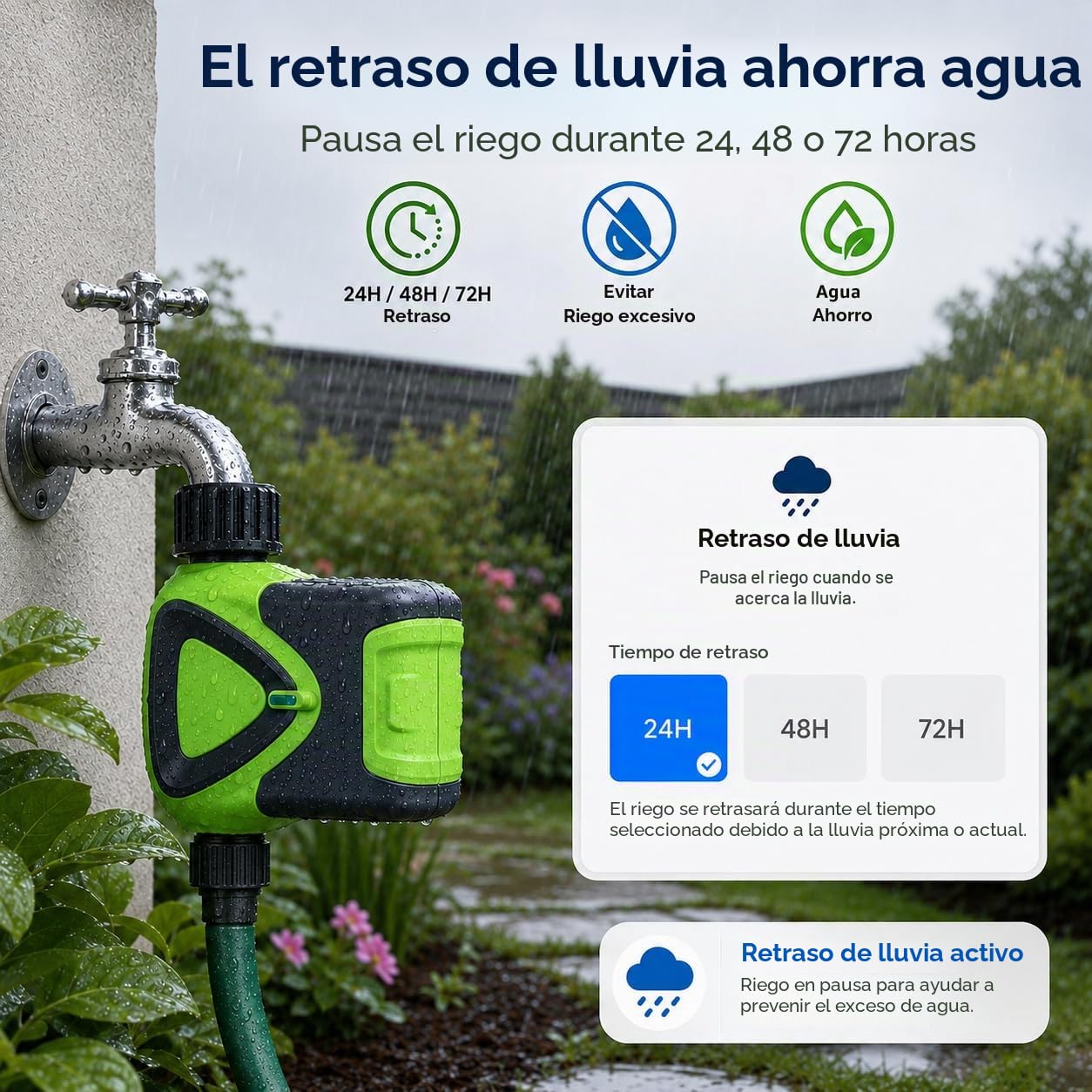 Temporizador de Riego WiFi sin Hub, Programador de Riego Inteligente con Control por App 2,4 GHz, Riego Automático, Cuenta Atrás, Programación, IP65 para Jardín Césped Invernadero