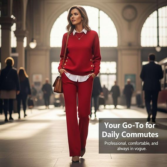 2 Piece Lounge Set Women 2026, Cotton Long Sleeve Crew Neck Knit Pullover Top Sweatsuit Outfits Leisure Tracksuits