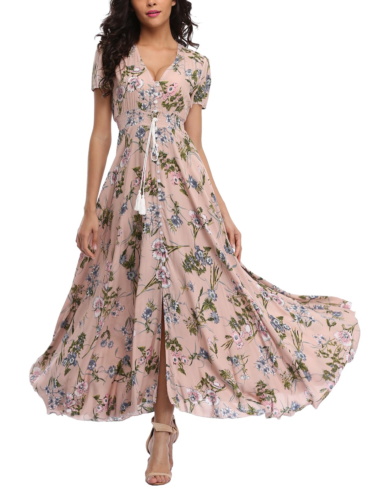Women's Boho Floral Maxi Dress Summer Button Up Split Flowy Beach Party Dress
