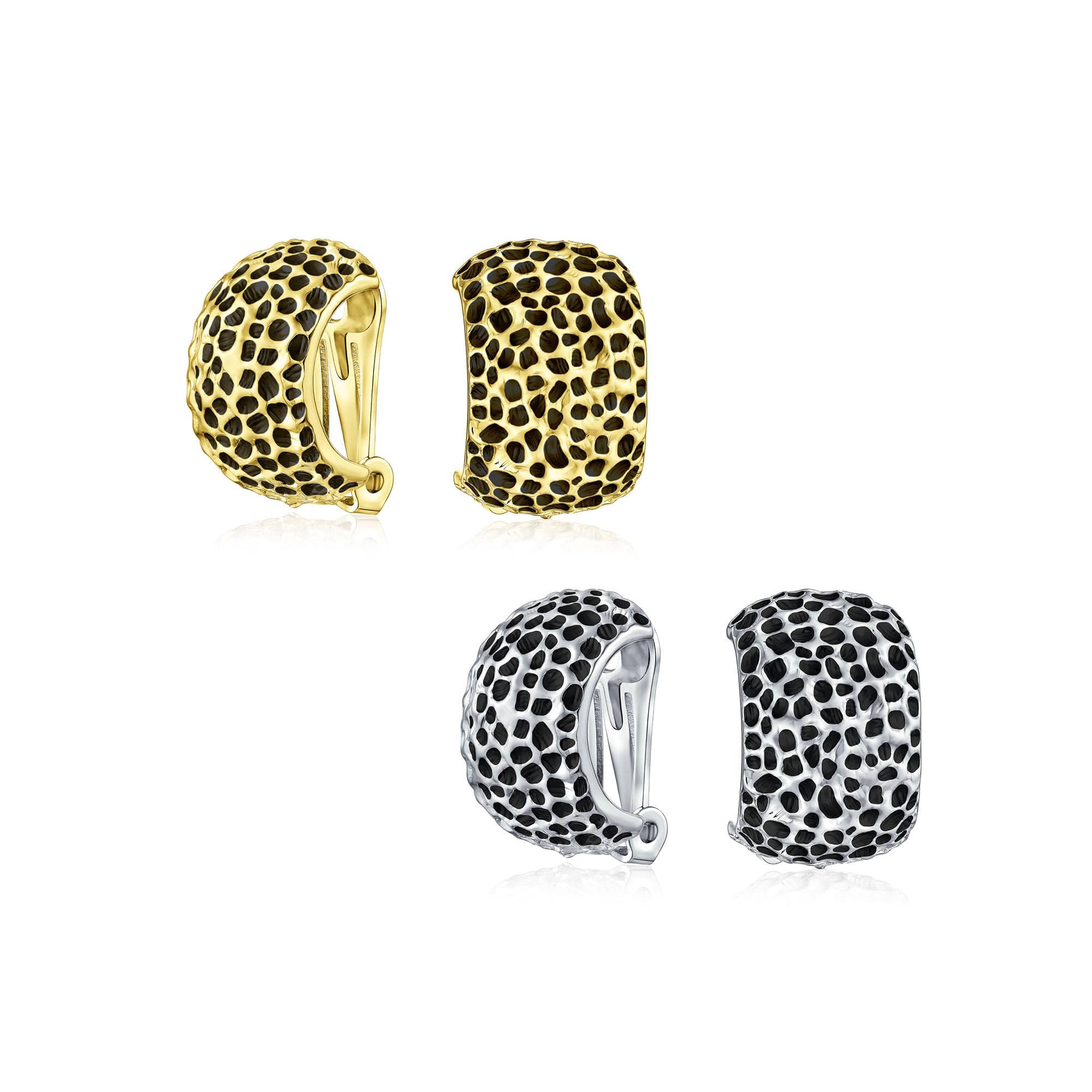 Set di due orecchini a clip a mezza cerchio con texture maculata martellata leopardata per donne senza orecchie forate placcati in nero, argento e oro.