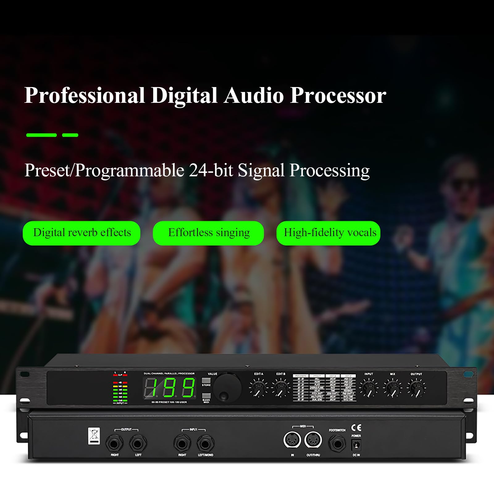 Ecualizador De Procesador De Audio, Procesador DSP De Reverberación Digital, Procesamiento De Señal Programable De 24 bits, 99 Programas Preestablecidos, Memoria para 199 Efectos De Sonido