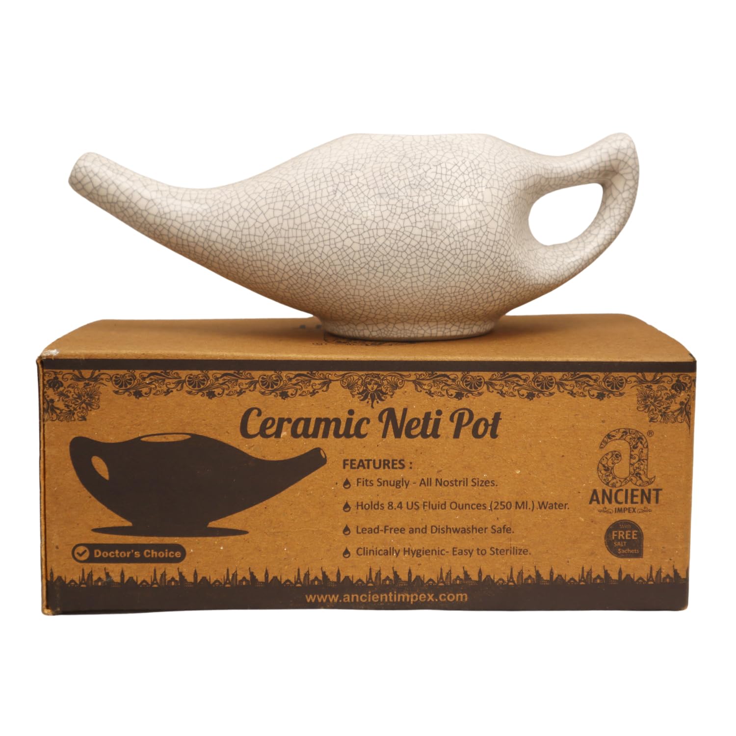 Ancient Impex Ceramic Neti Pot for Nasal Cleansing with 10 Sachets of Neti Salt | Compact and Travel-Friendly Design | Natural Remedy for Infection, Sinus and Congestion (Crackle Ivory)