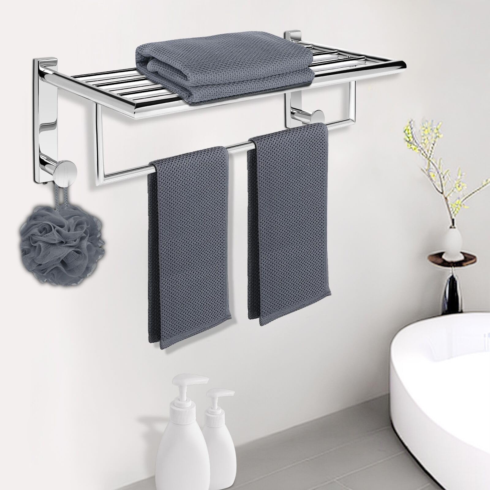 QL Portasciugamani Bagno da Parete,Mensola Porta Asciugamani con 2 Ganci,Acciaio Inossidabile 50cm,Argento