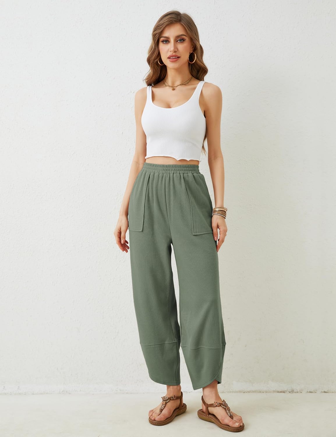 Womens Baggy Wide Leg Pants Summer Casual Elastic Waist Palazzo Harem Pants with Pockets - Image 2
