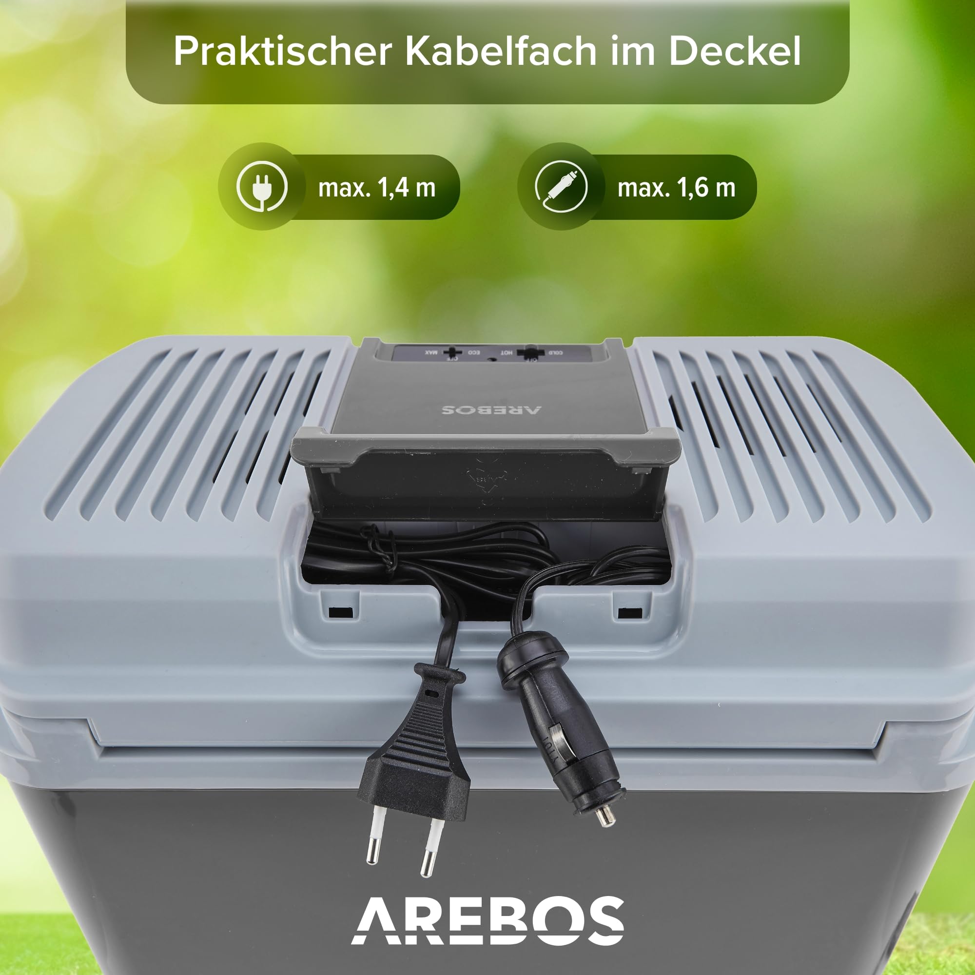 Arebos 20 Liter Kühlbox | zum Kühlen und Warmhalten | Mini Kühlschrank | Thermo-elektrische Kühlbox | mit ECO Modus | 12/230 V für Auto und Steckdose | elektrische Kühlbox