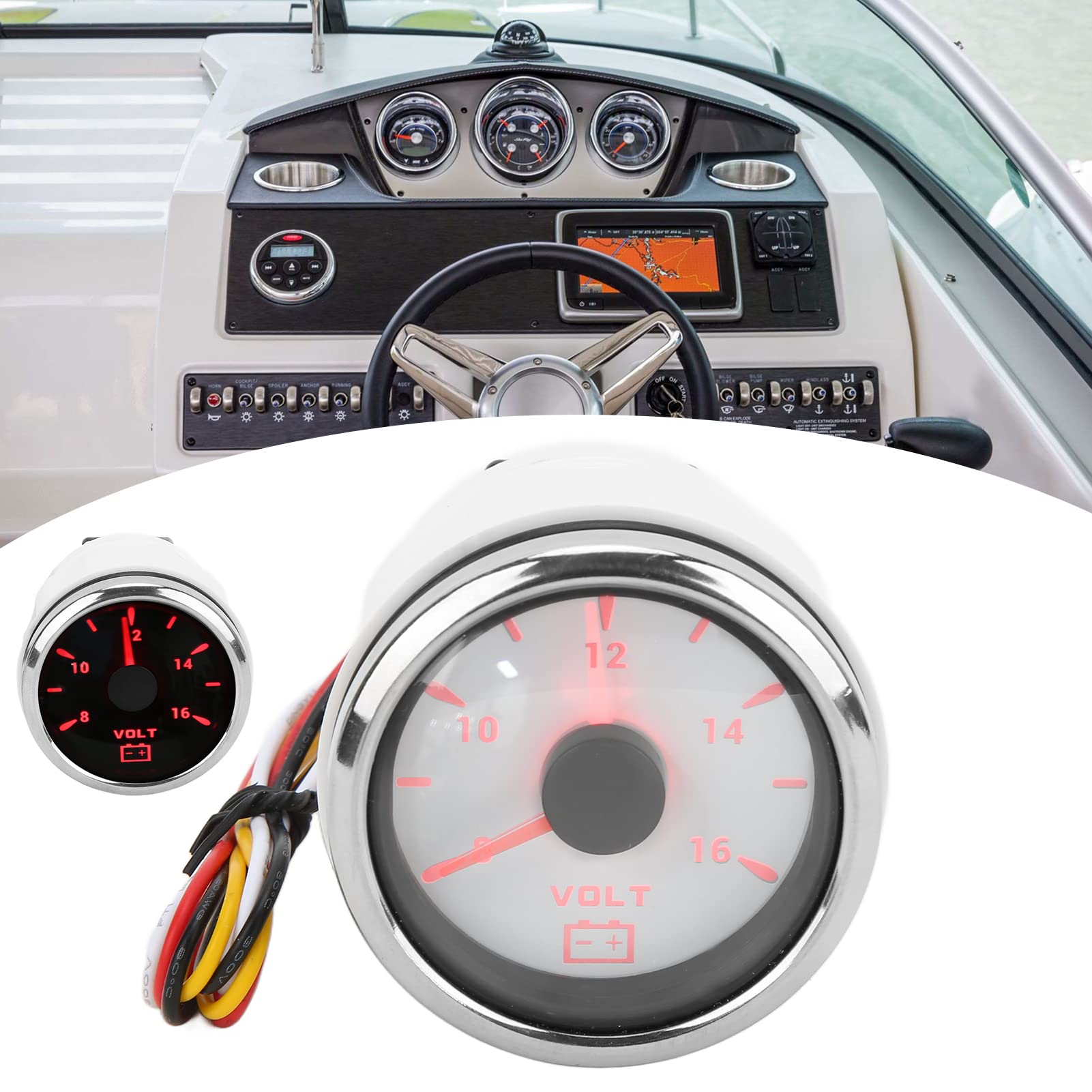 Voltmetro per Barca, Misuratore di Tensione Marino da 52 Mm 8‑16V Puntatore 7 Colori Retroilluminato Voltmetro Impermeabile IP67 per Barca RV Auto 9‑32V(bianco)