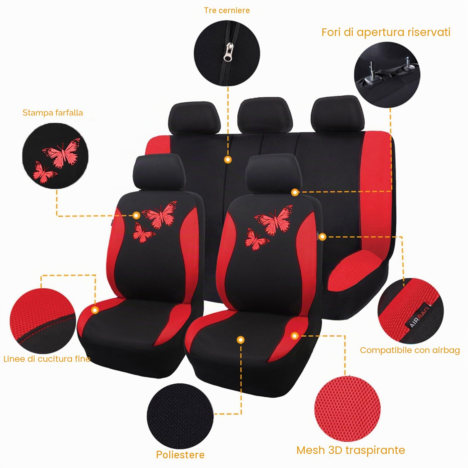 Flying Banner Coprisedili per auto in rete traspirante, Motivo a farfalla colorata, protezione compatibile con airbag (Set completo, Rosso)