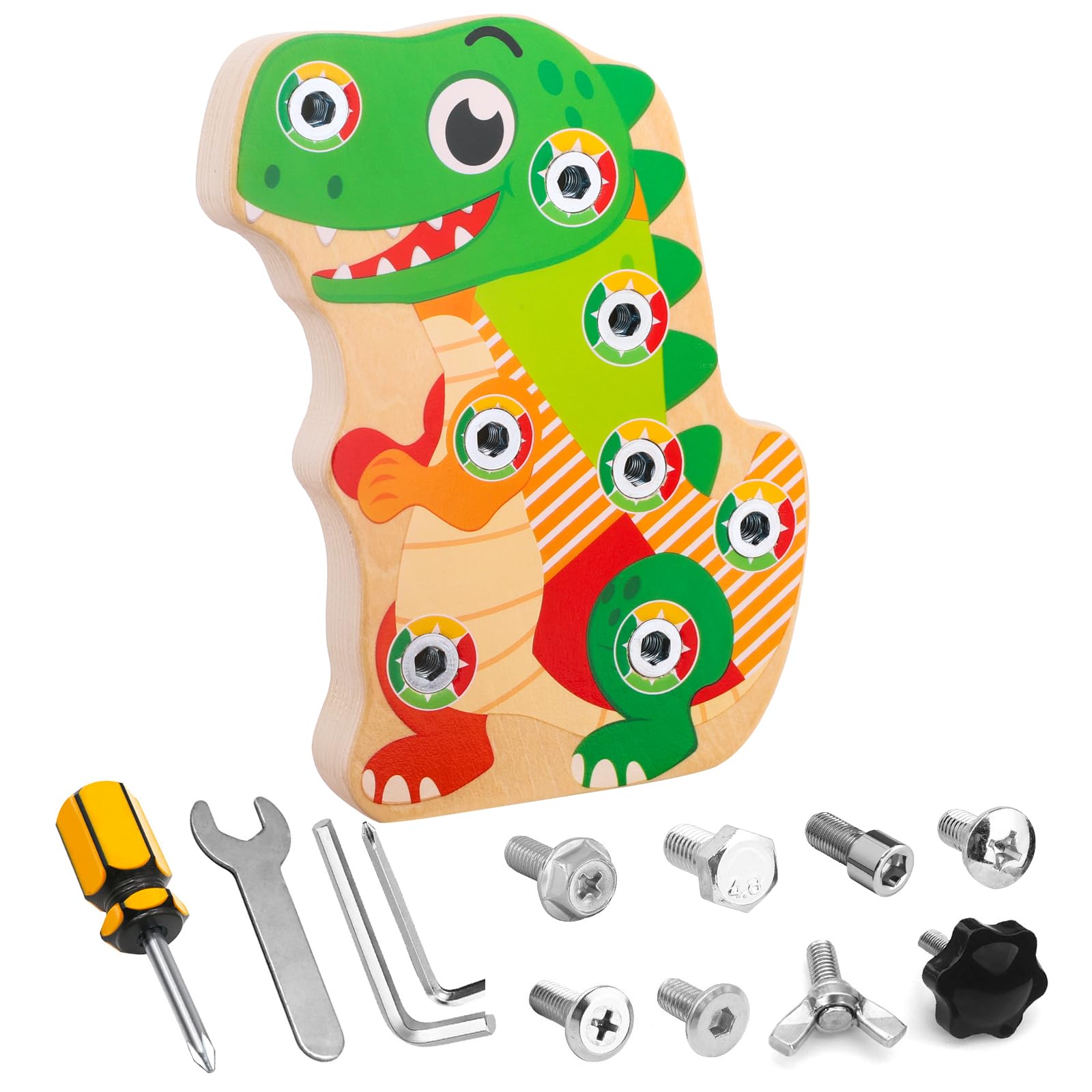 Liangding Montessori Dinosaur Screw Board Toy, Wooden Busy Board with 8 Screws & Tools