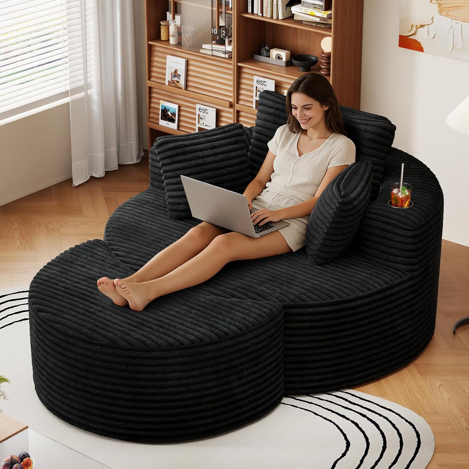 Oversized Round Chaise Longue Chair with Ottoman, Modern Corduroy Deep Seat Circle Single Cloud Boneless Floor Accent Chair w/Cup Holders for Living Room, Bedroom Apartment, 55" W * 74.6" D, Black