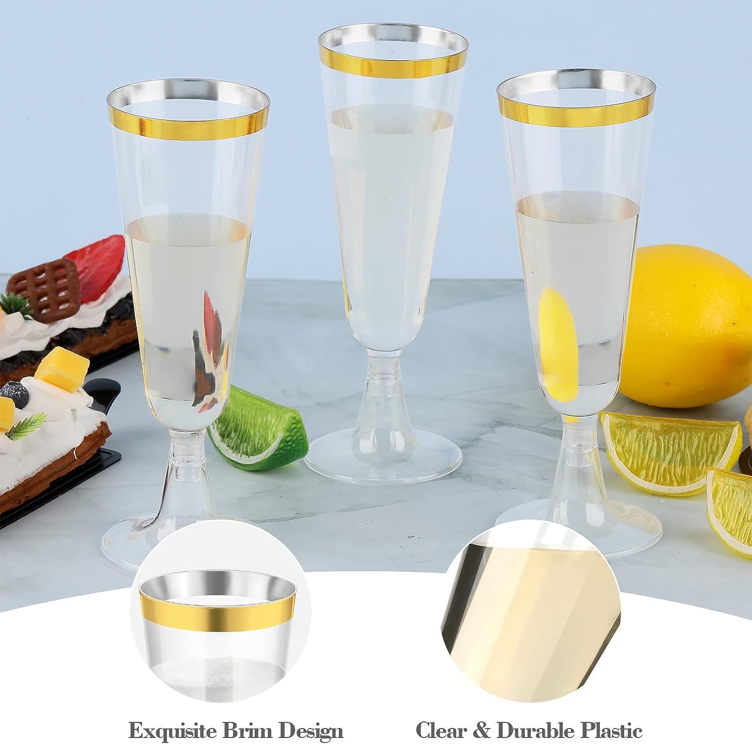 Lot De 100 Flûtes à Champagne En Plastique Réutilisables 150ml Bords Dorés - Idéal Mariages, Anniversaires Et Fêtes