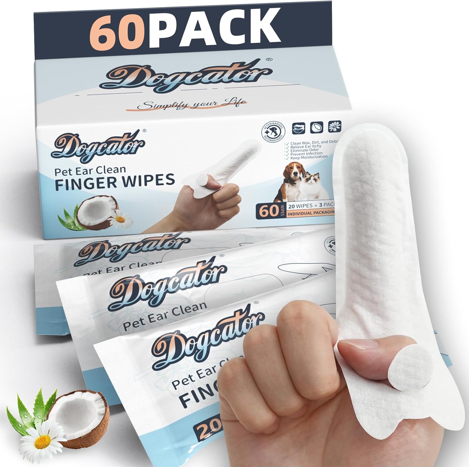 Dog Ear Wipes, Ear Wipes for Dogs Cats, Pet Clean Finger Wipes for Ears, Teeth, Eyes, Soothing Itchy Dry Skin, Fresh Coconut Scent Ear Infection Treatment, 60 Count Individual Packaging