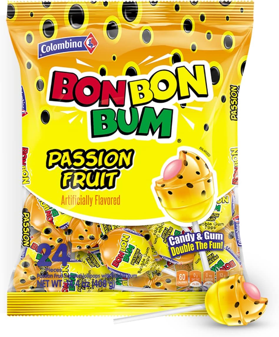 Bon Bon Bum Lollipops w/Bubble Gum Center - Passion Fruit Flavor, 1 Pack of Individually Wrapped Gluten Free Pops, Ideal for Party Favors, 14.4 oz bag, (24 count)