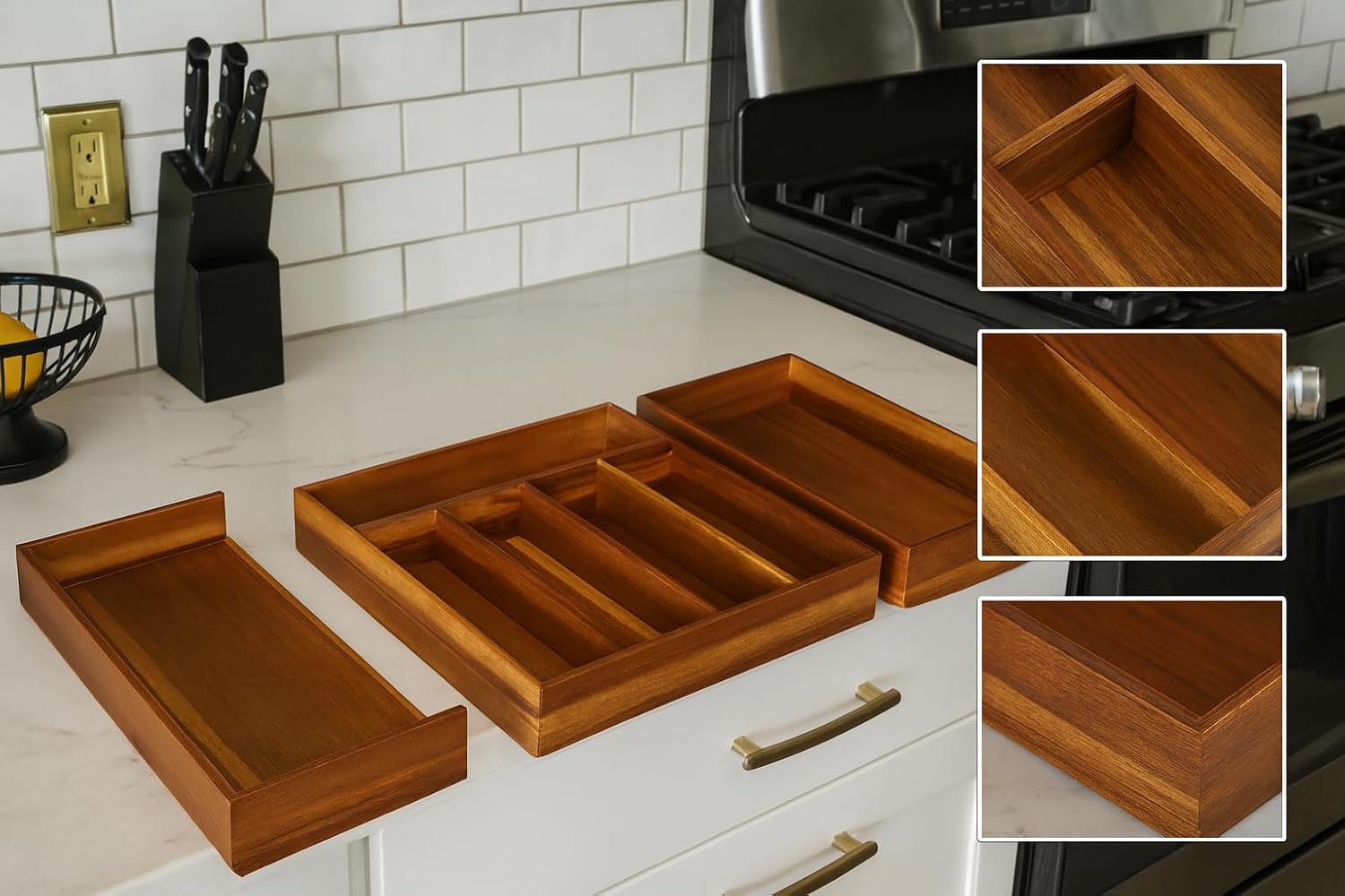 Expandable Acacia Drawer Organizer for Kitchen Utensils – Adjustable Silverware Tray with 5 to 7 Compartments, Natural Acacia Wood Flatware Organizer for Kitchen, Office, or Bathroom Storage