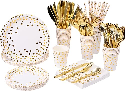 Miniatura 1 de 200 piezas de suministros de fiesta dorados, platos y servilletas dorados, cubiertos para 25 juegos para bodas, despedidas de soltera, compromisos,
