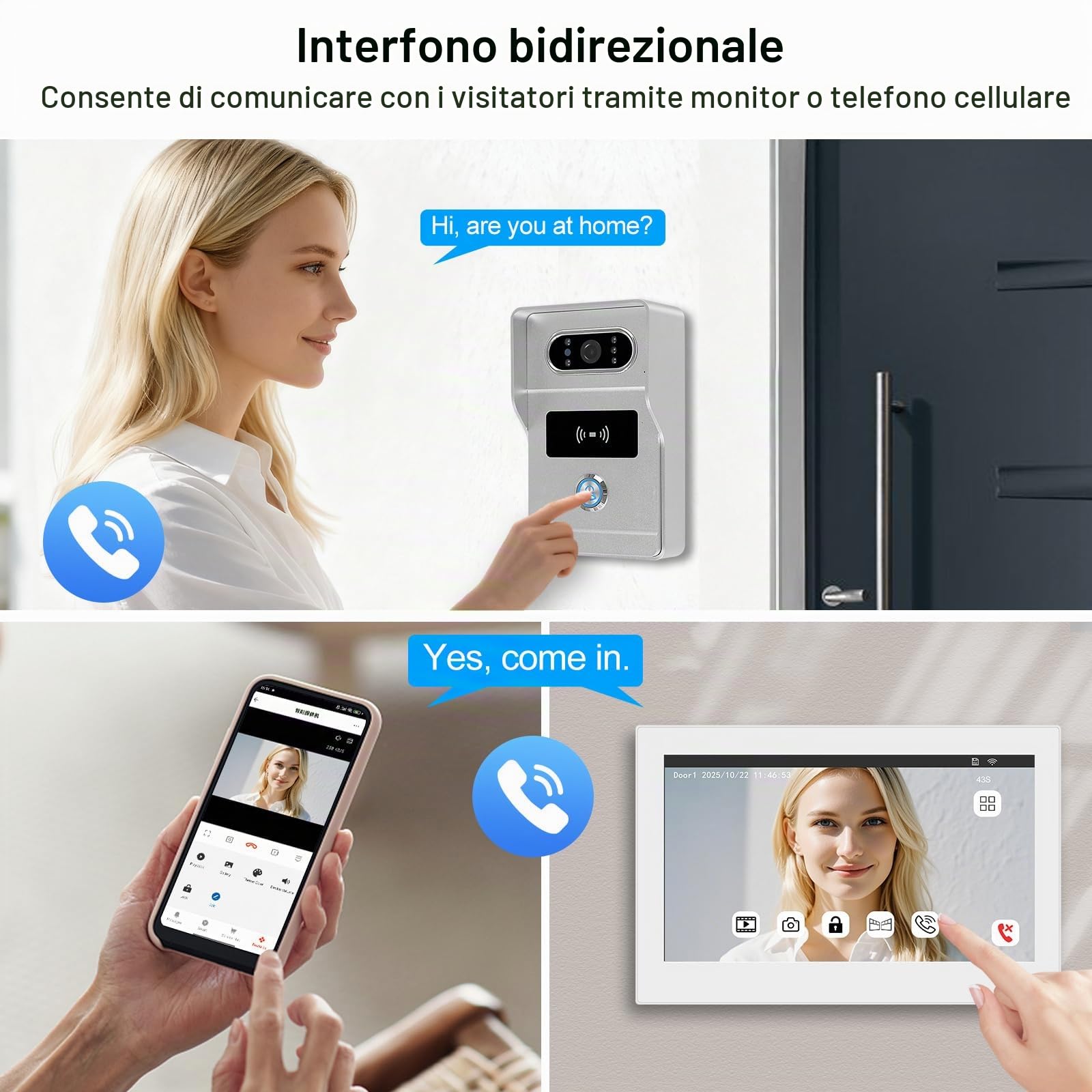 Kit Videocitofono 2 fili Monofamiliare Citofoni, Visione Notturna 1080p,Audio Bidirezionale,Citofono con Tuya Sblocco Remoto,Facile Installazione