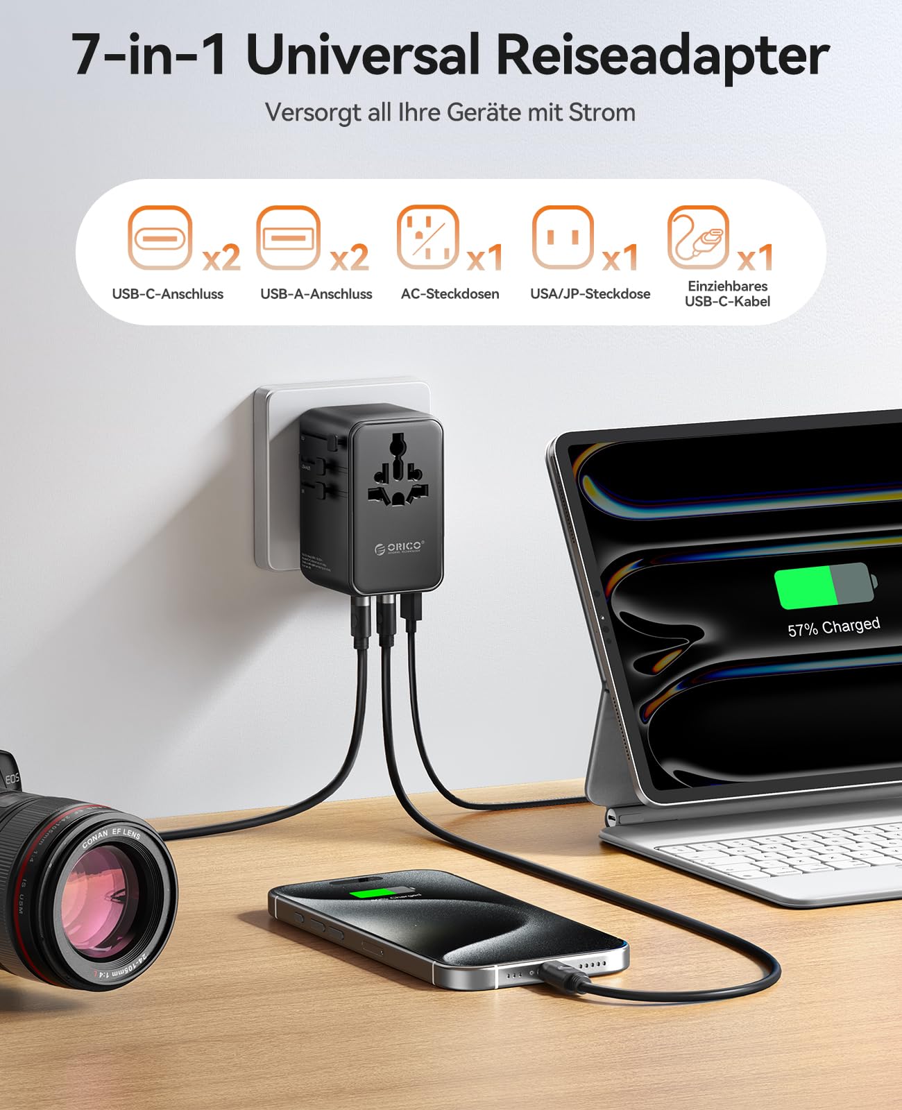 ORICO 100W GaN Reiseadapter mit Ausziehbarem Kabel, 7-in-1 Reisestecker, 3USB-C 2USB-A 2AC, 2 Sicherungen, Internationaler Adapter für Europa, UK, USA, Asien - UAX(Schwarz)