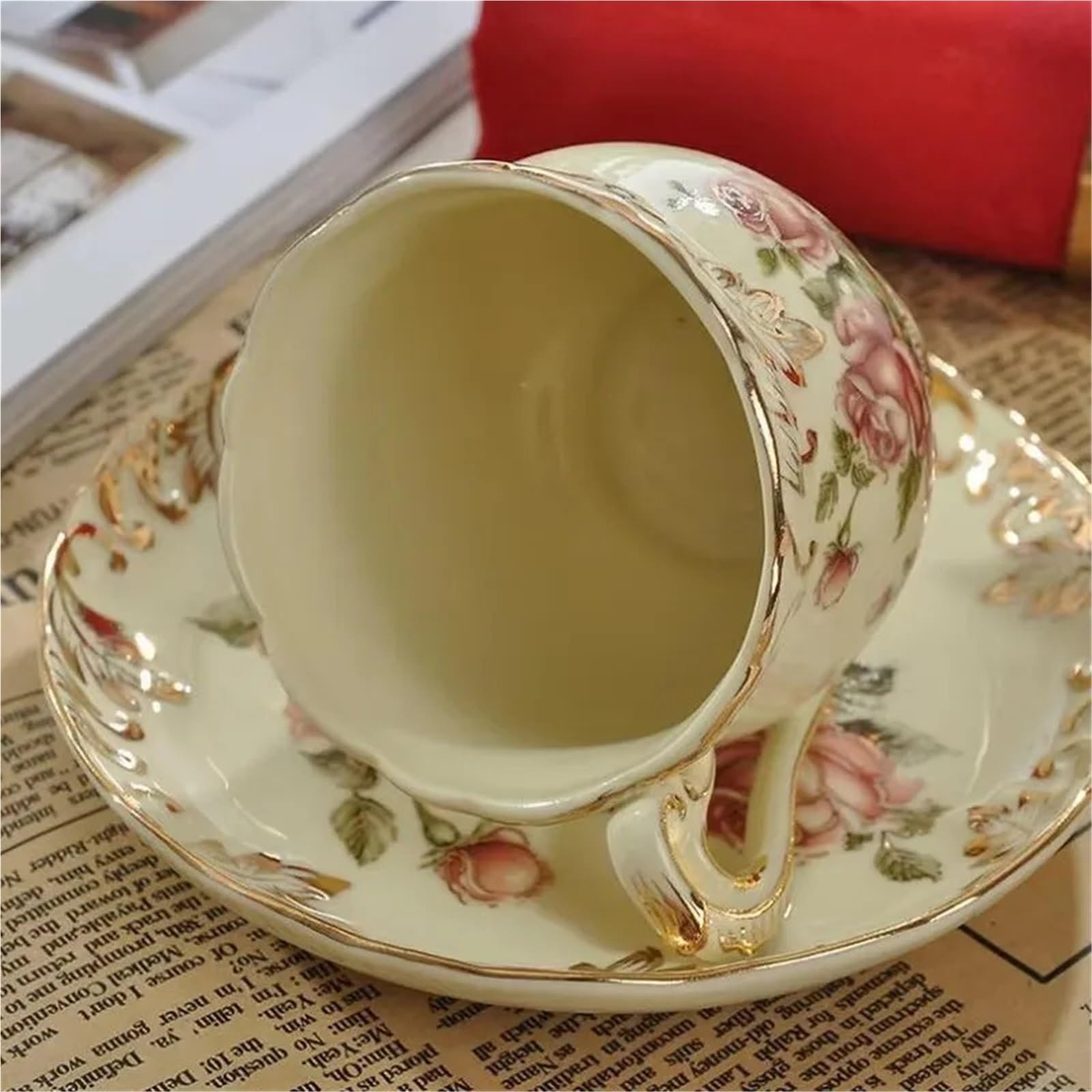 Juego de tazas, tazas y platillos, taza de cerámica de porcelana de hueso con plato de postre, apta para microondas y lavavajillas, taza para té, leche, café con leche (Color3)