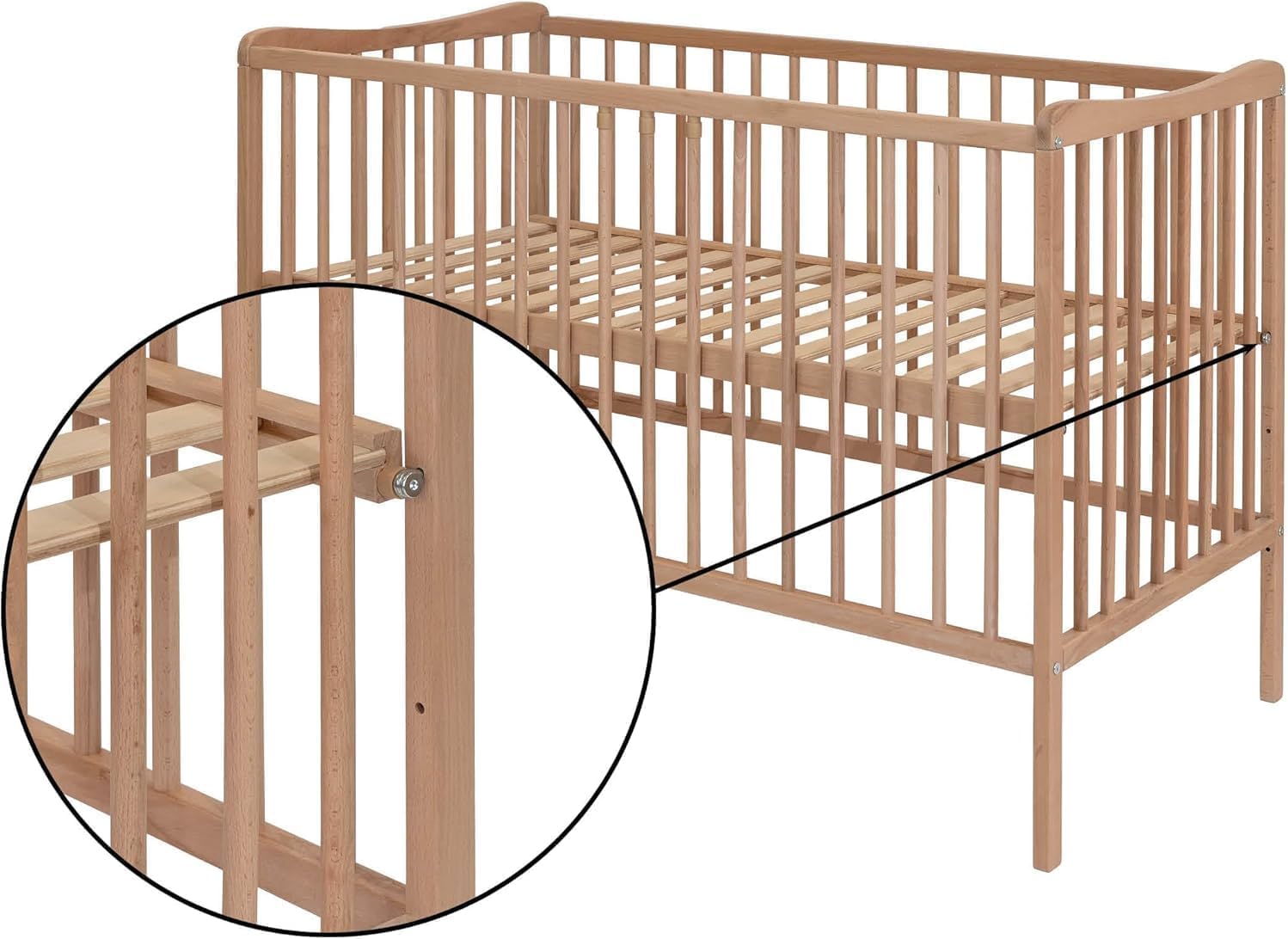 Lit bébé Sasha 120x60 cm Bois de hêtre Transformable lit Junior barrière sécurité 3 positions