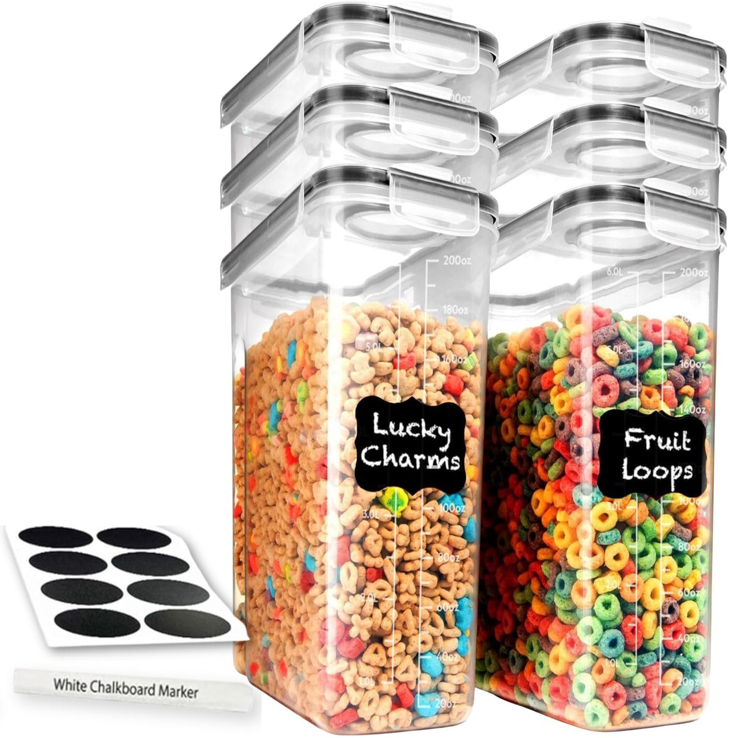 Bamu Grain 4L Cereal Storage Containers – Airtight Flip-Top Lids, Bpa-Free, Clear Plastic With Labels For Easy Organization– Kitchen Pantry Organiser – Ideal For Cereal, Cornflakes, And Dry Foods (6)