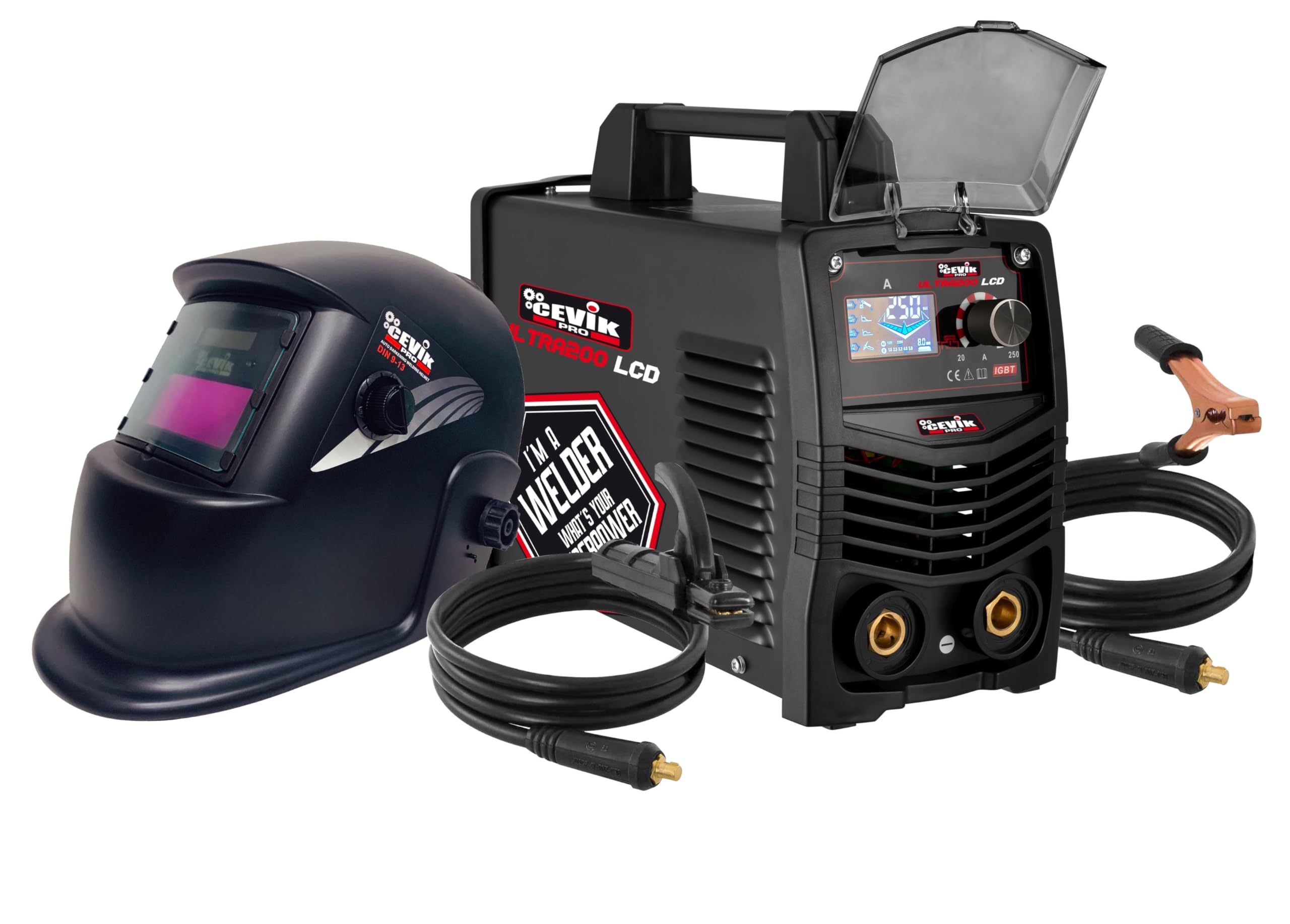 CEVIK PRO CE-ULTRA200LCD - MMA Inverter Welder with Welding Mask and Electrode Holder - 200A 40% 230V - Electrodes up to 5mm - LCD Display - Compact Portable Professional Welding Machine