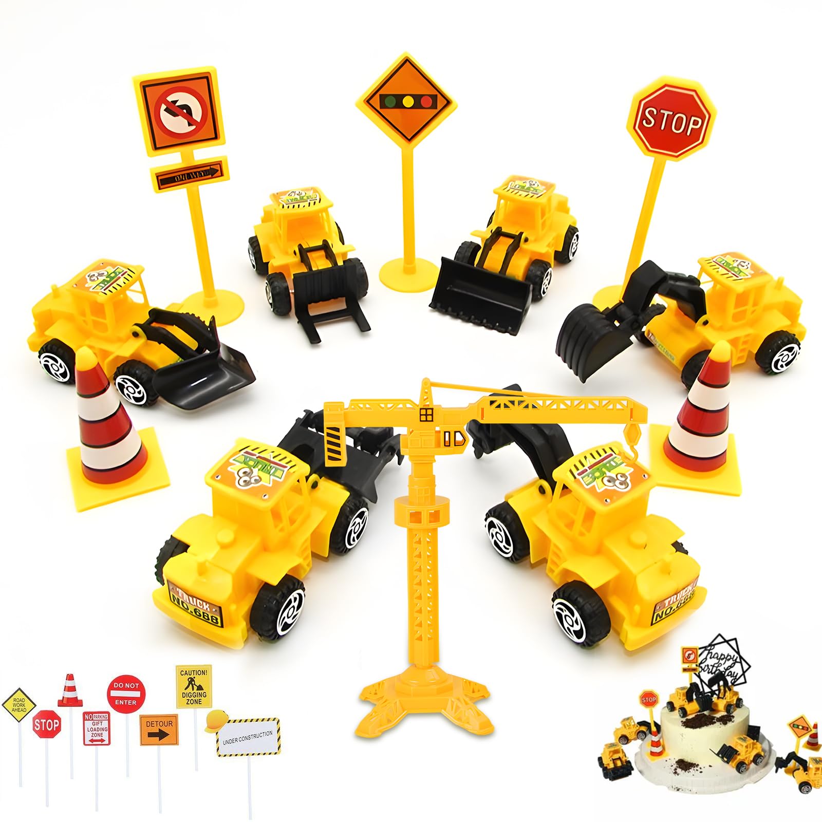 Uncle yang Baustellen Tortendeko – 6 Stück Bagger & Fahrzeug-Deko mit Verkehrsschildern, Cake Topper für Kindergeburtstag Junge, Deko Set für Baustellen-Motto