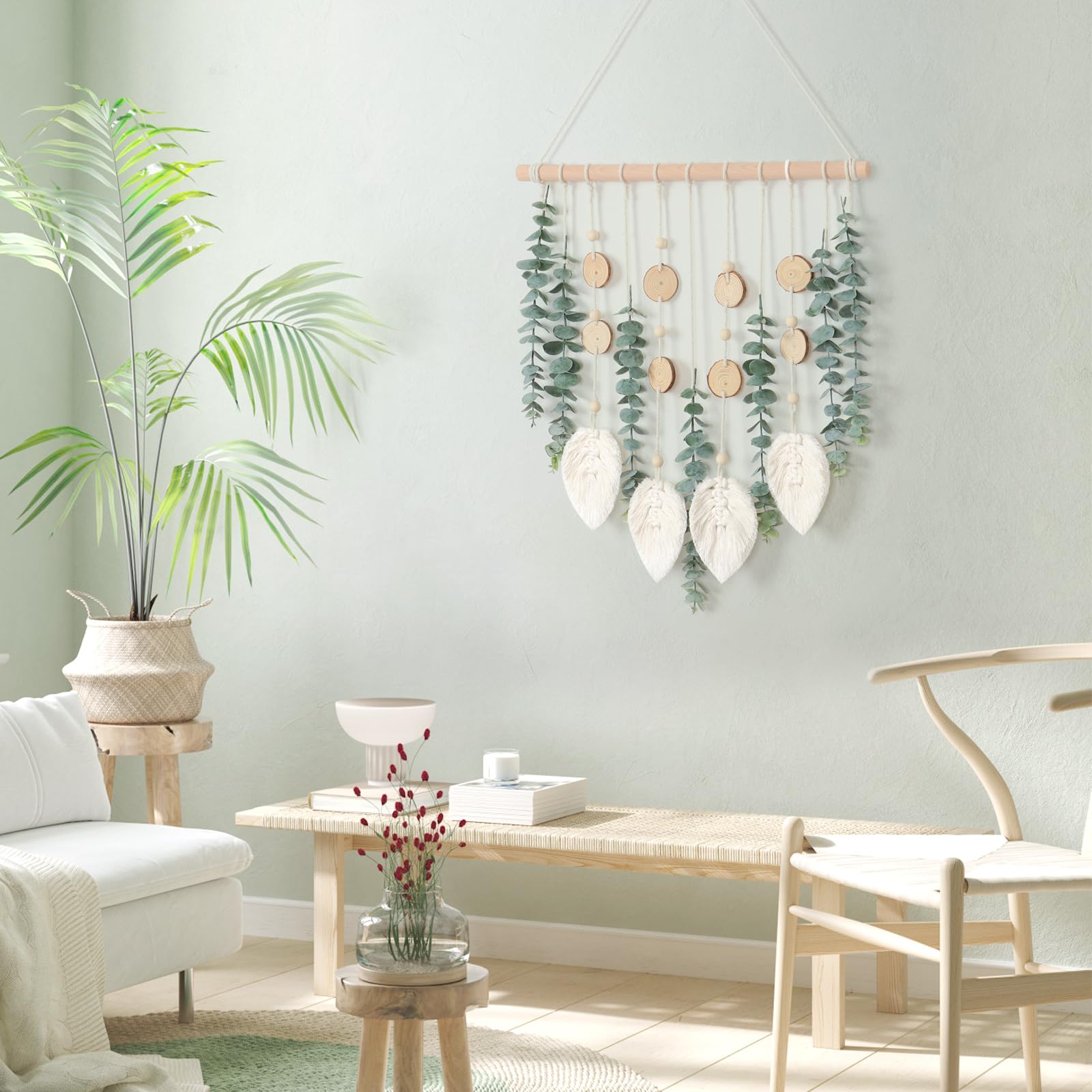 Eucalipto artificial para colgar en la pared, decoración de vegetación sintética con tallos de eucalipto falsos, plantas de palo de madera, hojas de macramé, bohemio, bohemio, bohemio, arte de 5