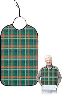 YOUNGKIDS Christmas Plaid Green Adult Bibs for Eating, Waterproof Washable Adult Bib for Elderly Women Man, Tartan Check Reusable Clothing Protector with Detachable Crumb Catcher - Unisex