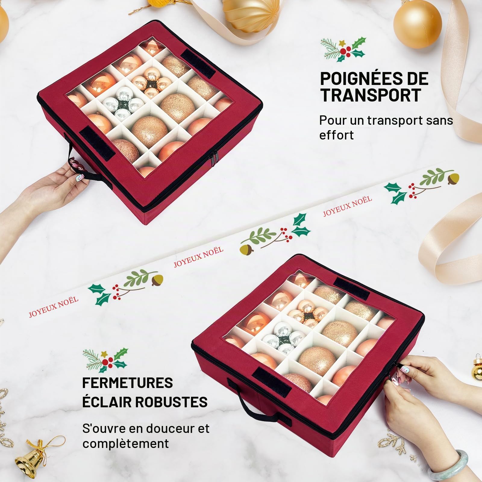 Boîte de rangement pour boules de Noël avec séparateurs - 4 pièces de rangement pliables pour décorations de Noël avec 2 poignées et couvercles pour les fêtes (Rouge)