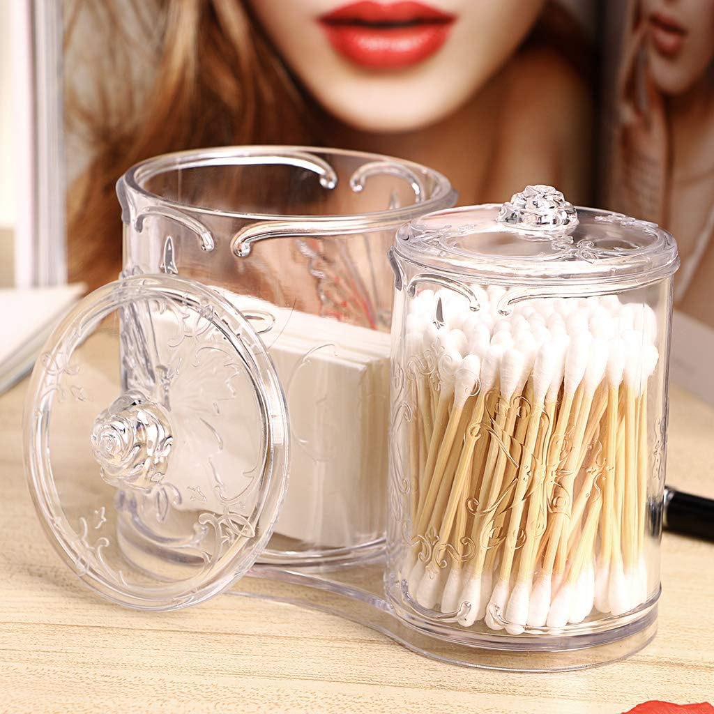 Hipiwe Acrylic Makeup Cotton Pad Q-Tips Holder with Cover 2 Compartment Cotton Ball Swab Stick Organizer Storage Case Apothecary Jar Container for Makeup Brushes, Makeup Sponges (Clear)