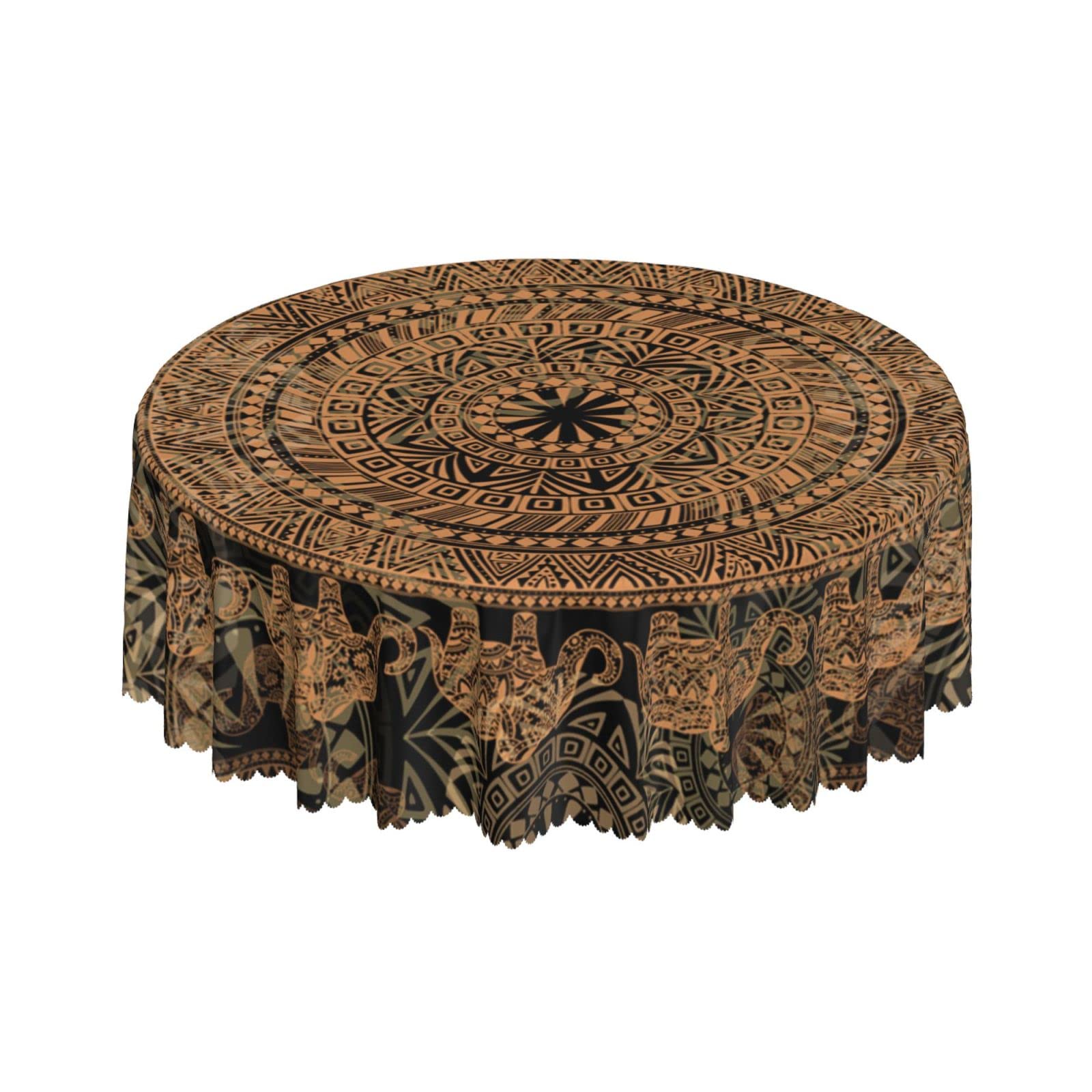 Lsjuee Elephant Ethnic Animal Mandala Round Tablecloth 60 Inch Printed Washable Tablecloth for Dining Party Holiday Fall Home Decorative