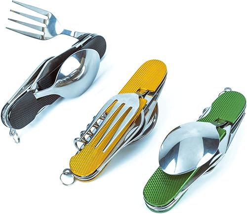Miniatura 1 de Juego de cubiertos multifunción 6 en 1 para acampar, cuchara desmontable, tenedor, cuchillo, kit combinado con bolsa de transporte (negro + dorado +