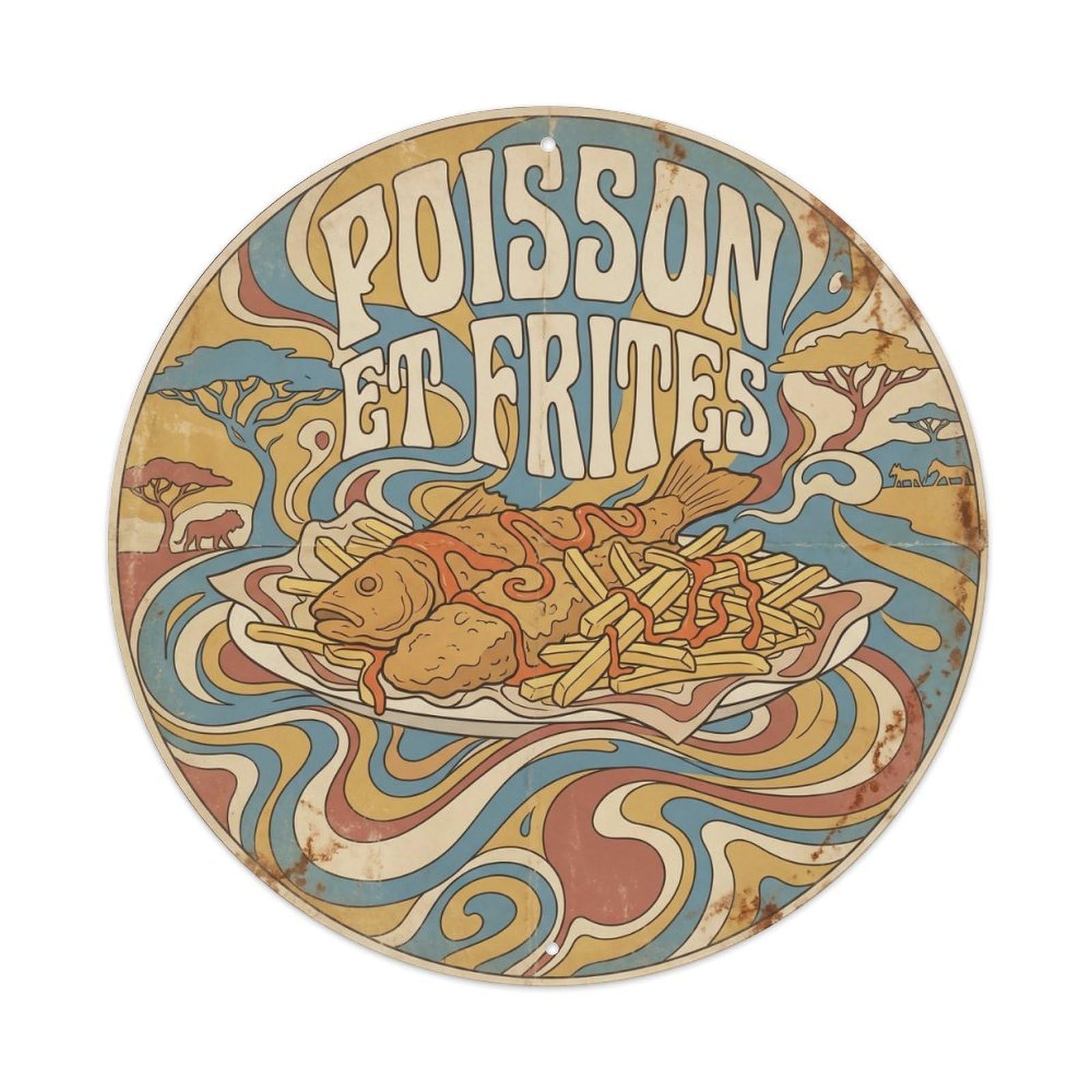 Yrnq 8X8inch Vintage Style Central Africa Fish Chips Takeaway Psychedelic Culture Metal Tin Sign