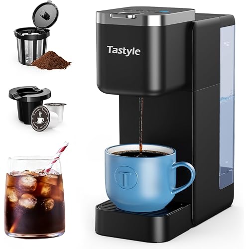 Single Serve Coffee Maker, Iced and Hot Coffee Machine for K Cup & Grounds, Compact Design, 40oz Removable Water Reservoir, 6 to 24 Oz Brew Sizes, Fits 7.3" Travel Mug, Black