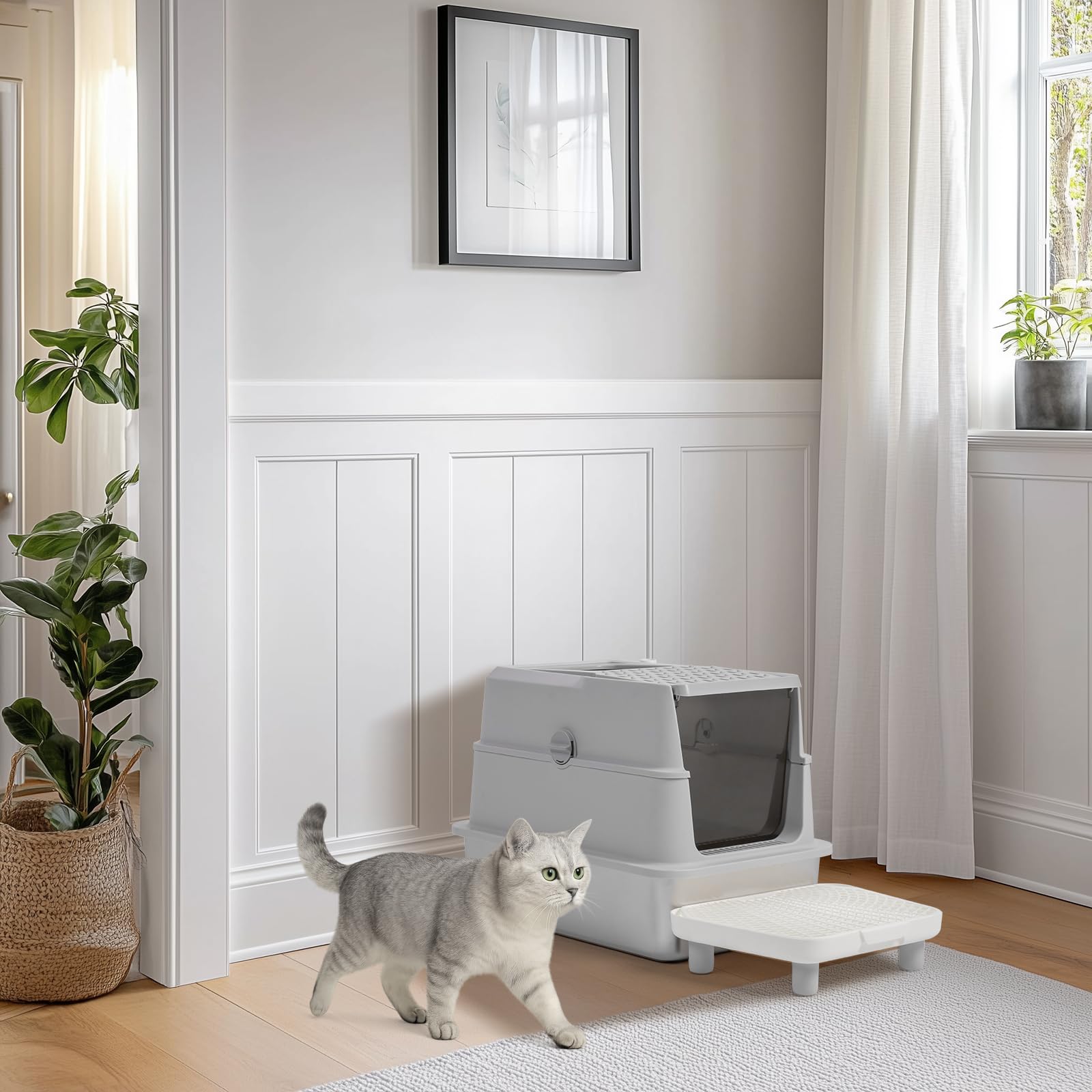 LEADZM Lettiera per gatti XXL - Casa di toilette per gatti chiuso, 60 x 40 x 46 cm, in acciaio inossidabile, coperchio rimovibile, paletta per lettiera e tappetino inclusi, colore: grigio