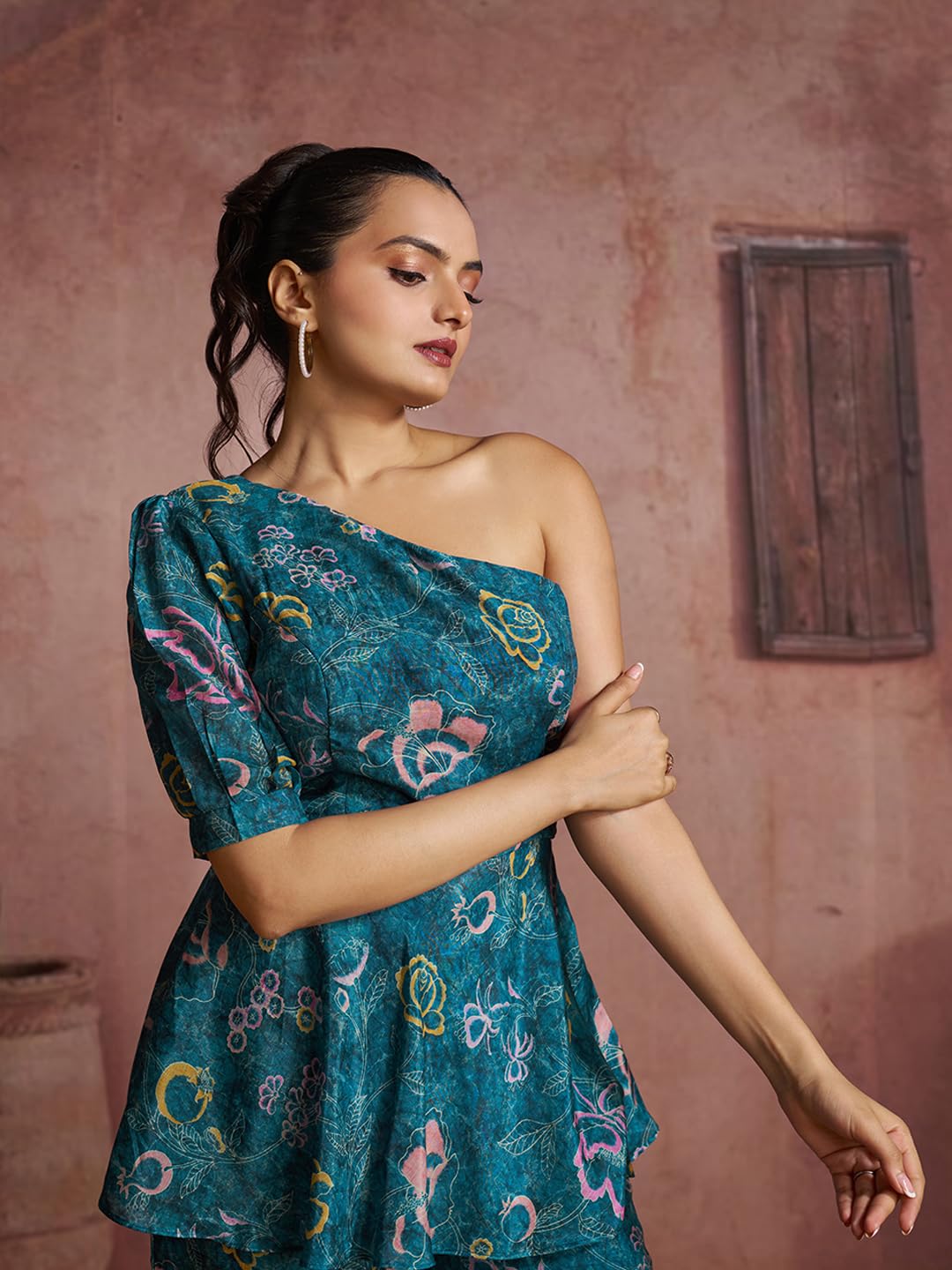 FUSIONIC Teal Floral One-Shoulder Peplum Top and Pants Set 4