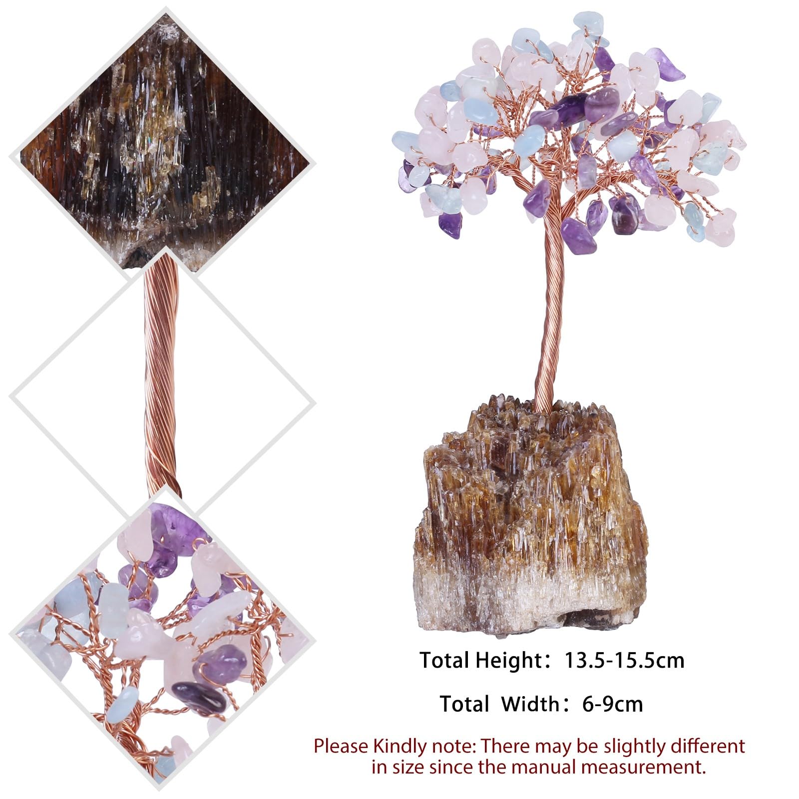mookaitedecor Amethyst & Rose Quartz & Aquamarine Healing Crystal Tree on Amber Calcite Cluster Base Feng Shui Money Tree Ornament for Home Semi Precious Gemstone Bonsai Tree Gift Reiki Room Decor - Image 2