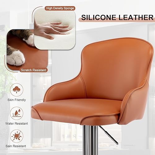 Miniatura 4 de RAINMOOD Taburetes de bar, taburetes de bar giratorios de acero inoxidable ajustables, moderna silla de bar tapizada de piel sintética con respaldo