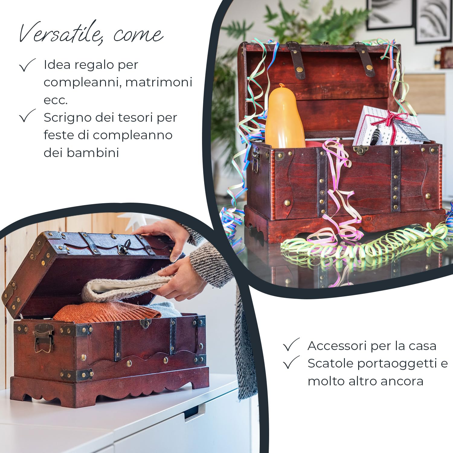 HMF Scrigno del tesoro in legno, grande Cassa del tesoro con serratura decorativa per festa di compleanno per bambini | 40 x 19 x 22 cm | Francia