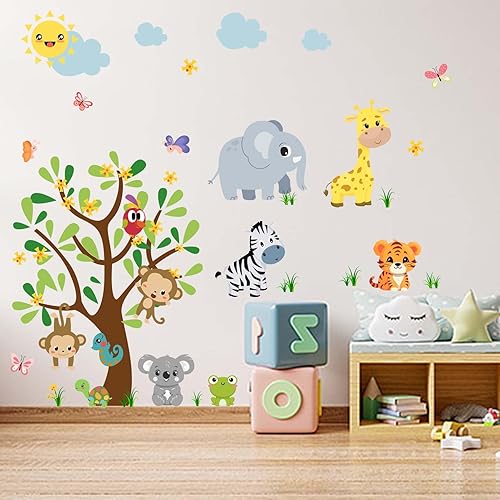 Miniatura 3 de Amimagen Calcomanías de pared de animales de bebé del bosque, monos, león, tigre, jirafa, cebra, animales de la selva, calcomanías de pared -