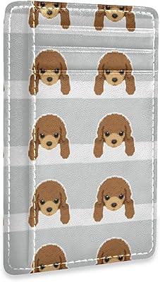 Poodle Dog Face Heads Seamless on White Grey Slim Minimalist Wallet, Front Pocket RFID Blocking Leather Credit Card Holder, Case Protector Covers for Men Women