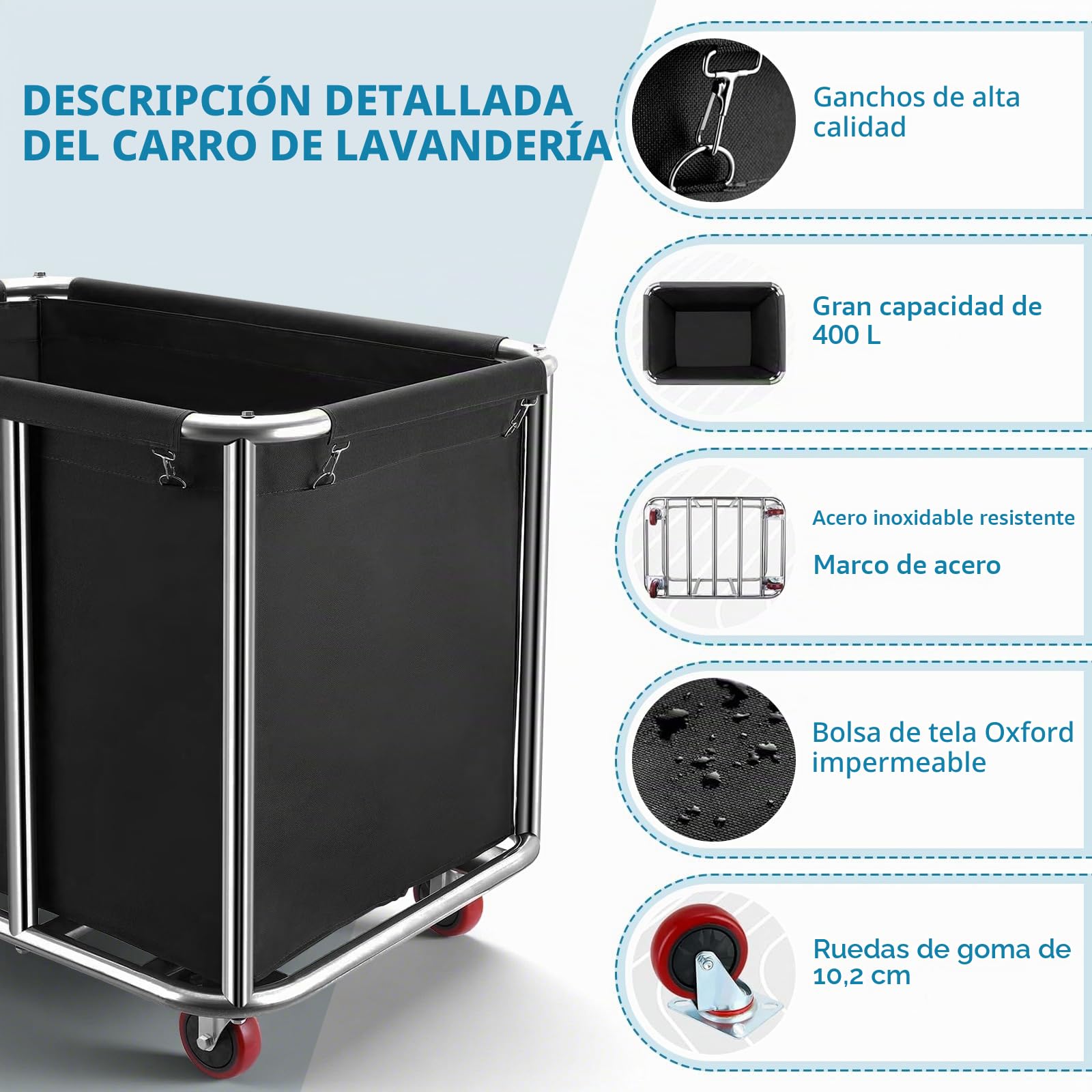 Carrito de lavandería, carrito de lavandería de acero inoxidable, comercial, grande, comercial, de acero inoxidable, con ruedas, cesta de lavandería plegable con ruedas, para el hogar y hotel, 90 x 65