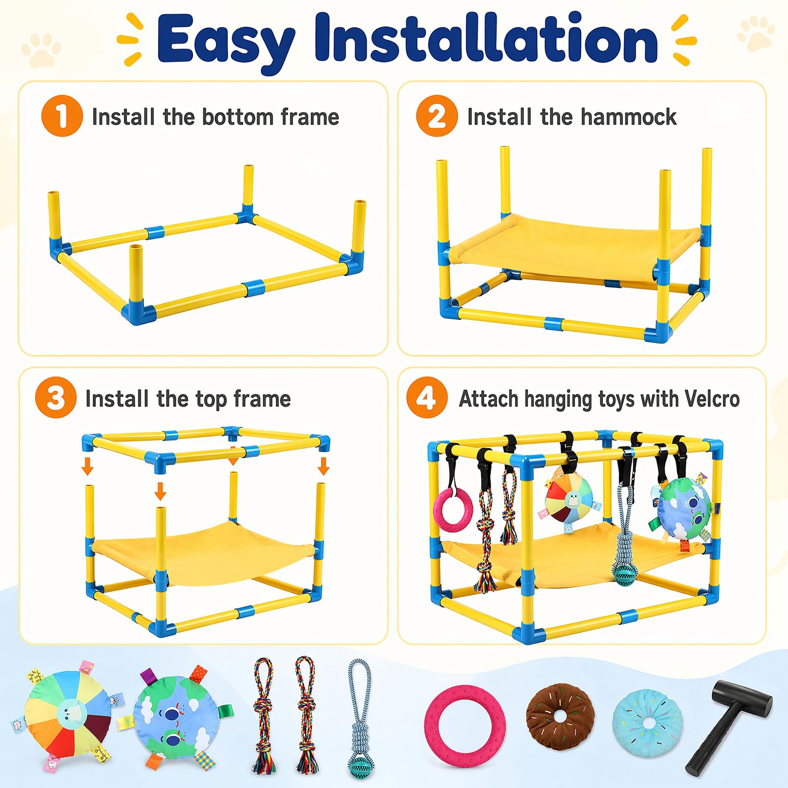 Parc de jeu pour chiots avec 8 jouets, aire de jeux jungle, aire de jeu pour chien avec cadre en PVC, salle de sport pour petits chiens, hamac pour divertissement pour l'entraînement et