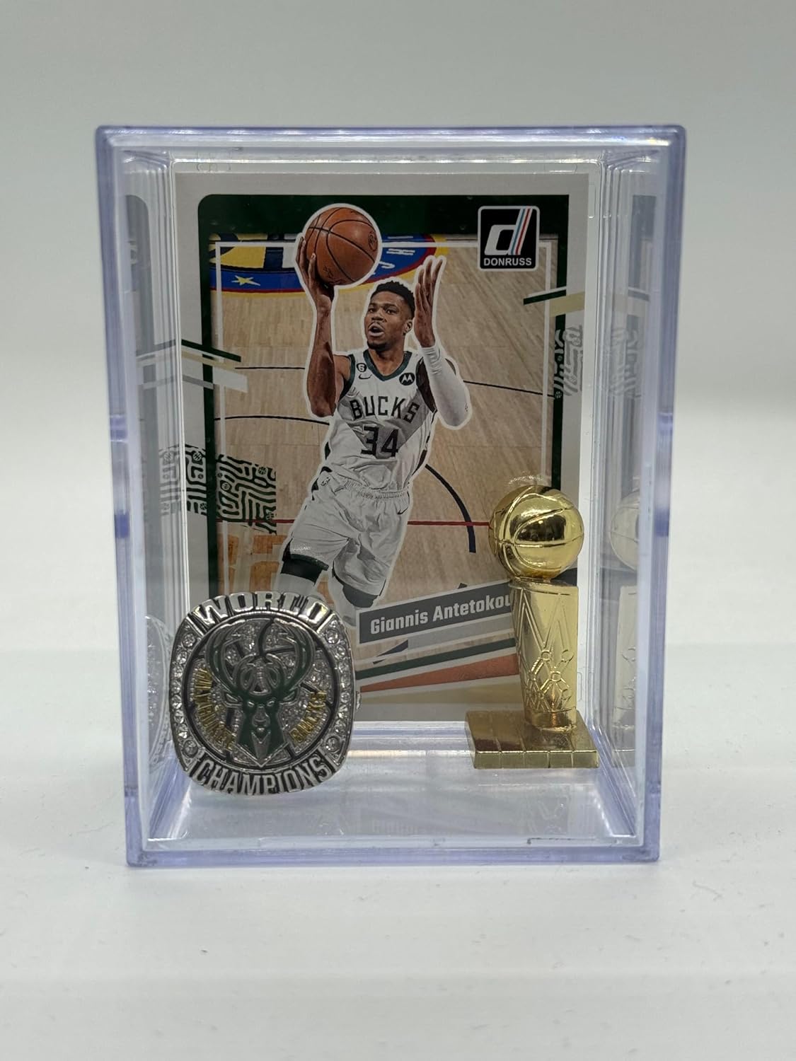 Milwaukee Bucks Replica NBA 2021 Championship Ring & mini Trophy w/Giannis Antetokounmpo Card